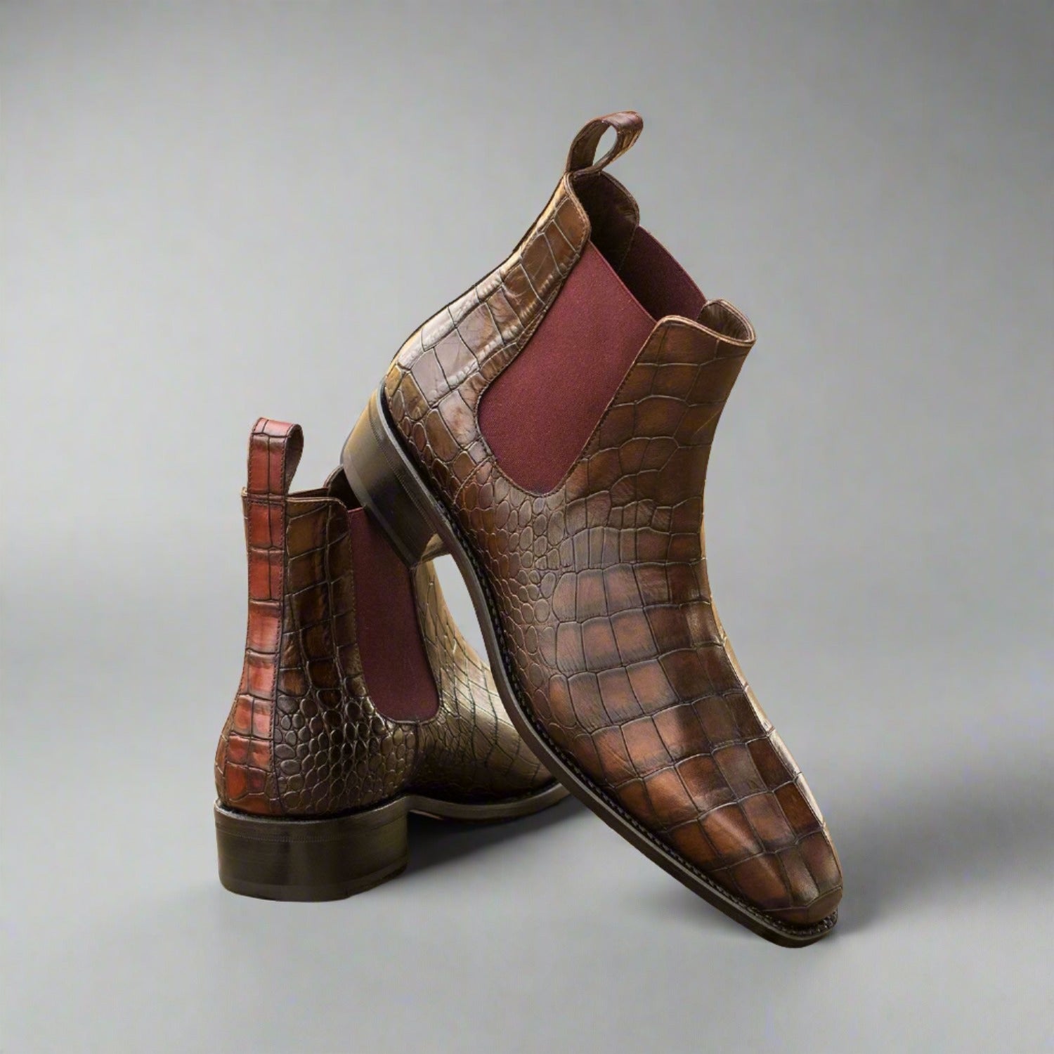 Ambrogio Bespoke Men's Handmade Custom Shoes Dark Brown & Burgundy Crocodile Print / Calf-Skin Leather Chelsea Boots (AMB1809)