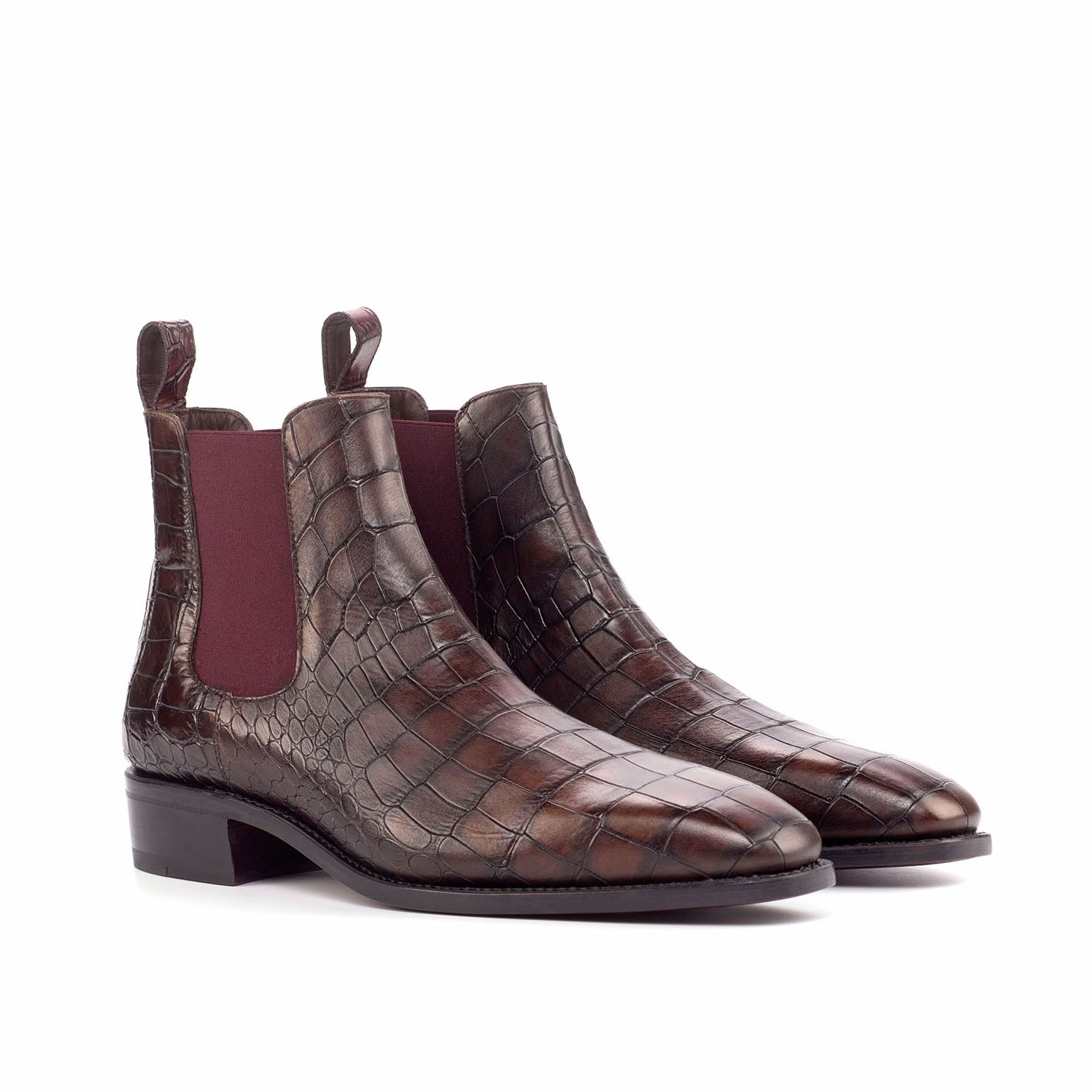 Ambrogio Bespoke Men's Handmade Custom Shoes Dark Brown & Burgundy Crocodile Print / Calf-Skin Leather Chelsea Boots (AMB1809)