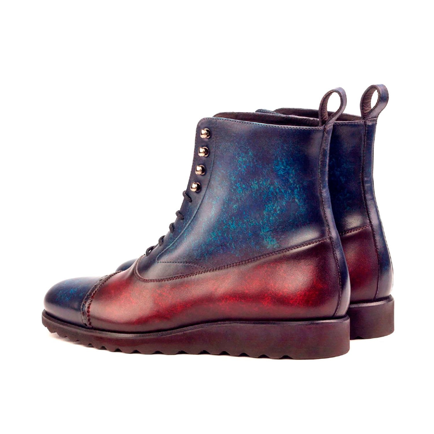 Ambrogio Bespoke Men's Handmade Custom Shoes Denim Blue & Burgundy Patina Leather Balmoral Boots (AMB1379)