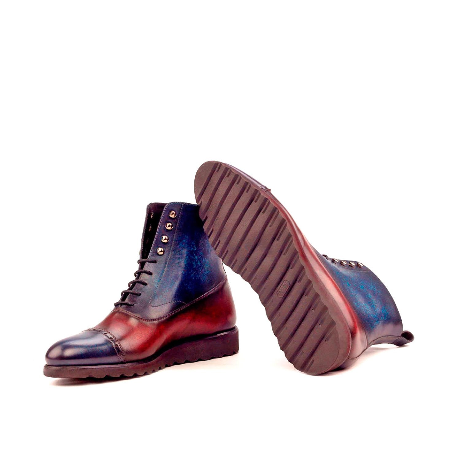 Ambrogio Bespoke Men's Handmade Custom Shoes Denim Blue & Burgundy Patina Leather Balmoral Boots (AMB1379)