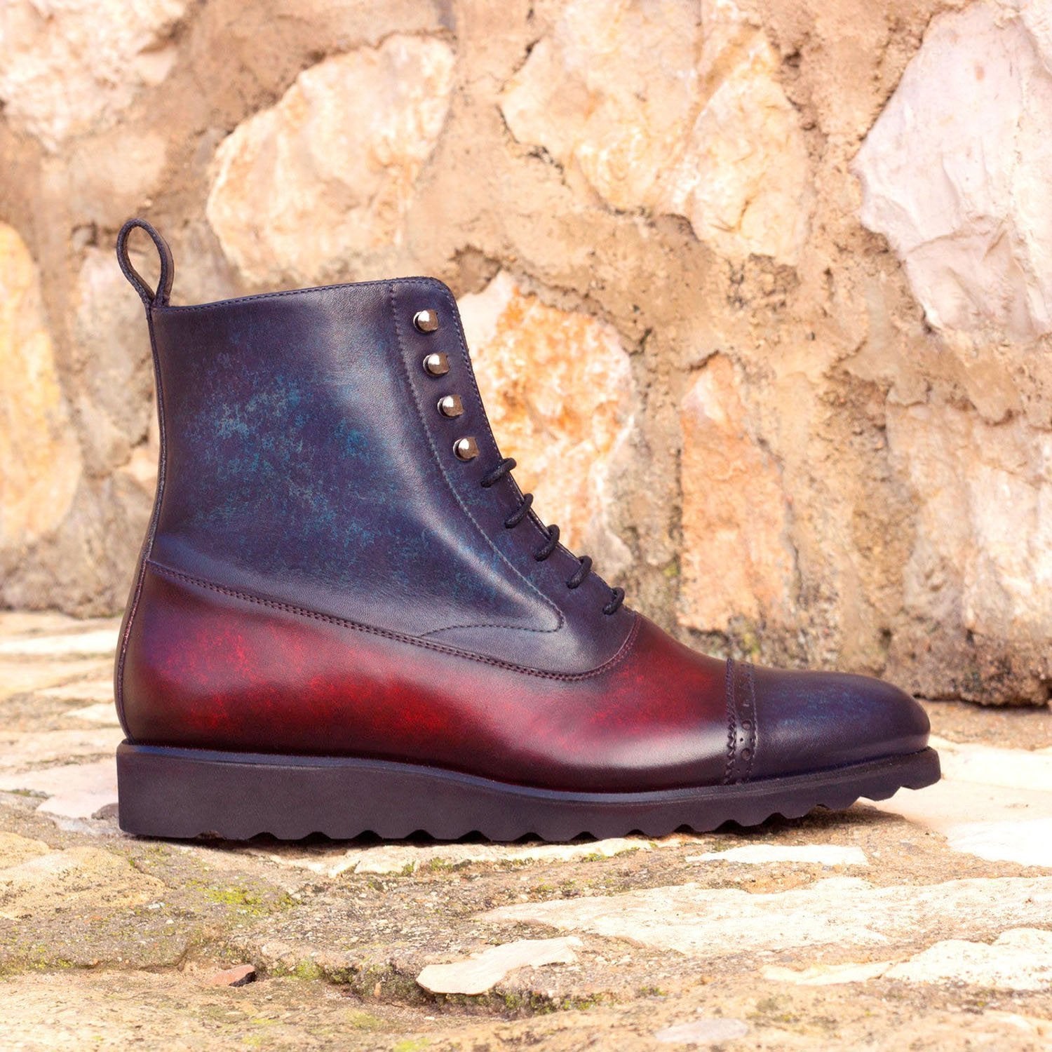 Ambrogio Bespoke Men's Handmade Custom Shoes Denim Blue & Burgundy Patina Leather Balmoral Boots (AMB1379)