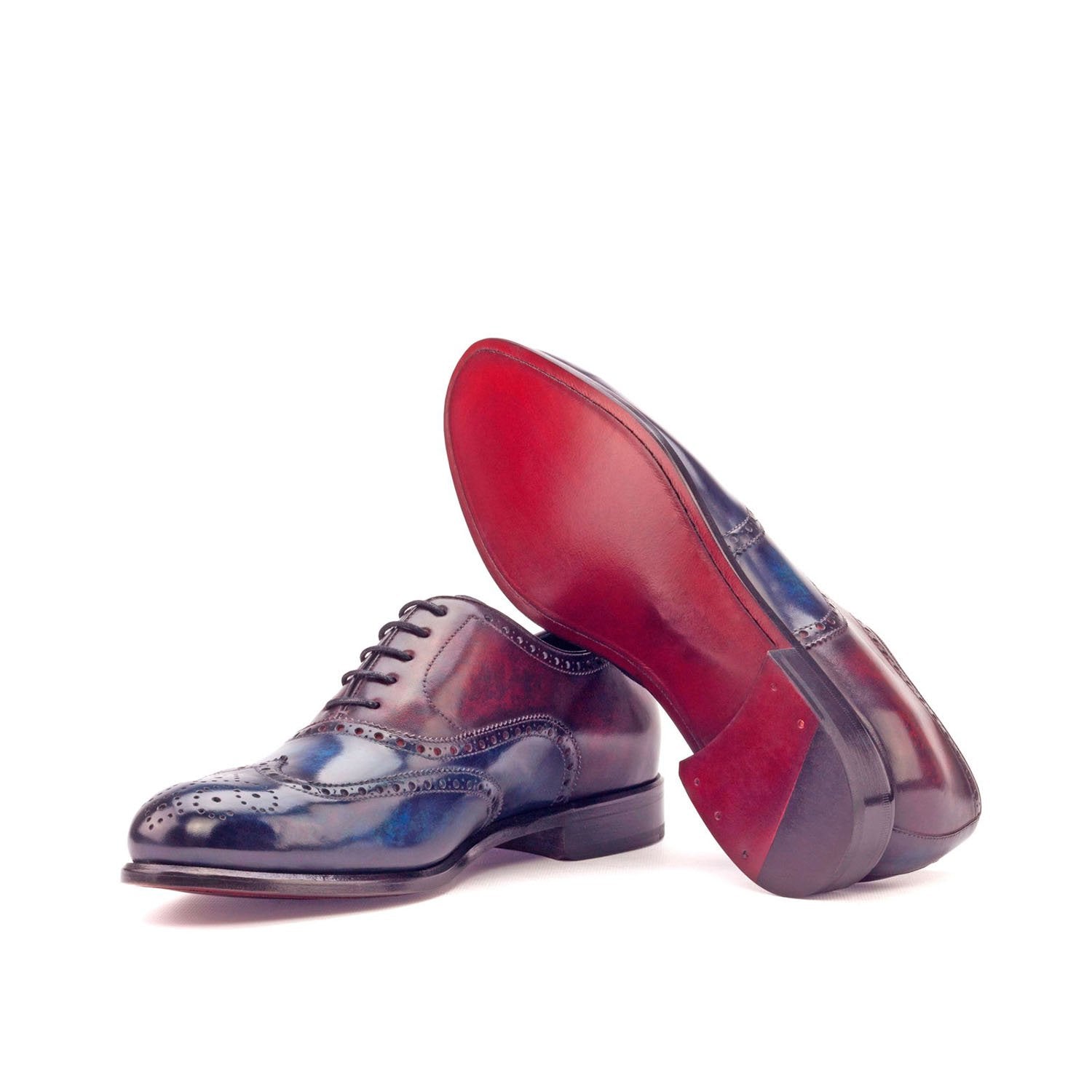 Ambrogio Bespoke Men's Handmade Custom Shoes Denim Blue & Burgundy Patina Leather Oxfords (AMB1412)