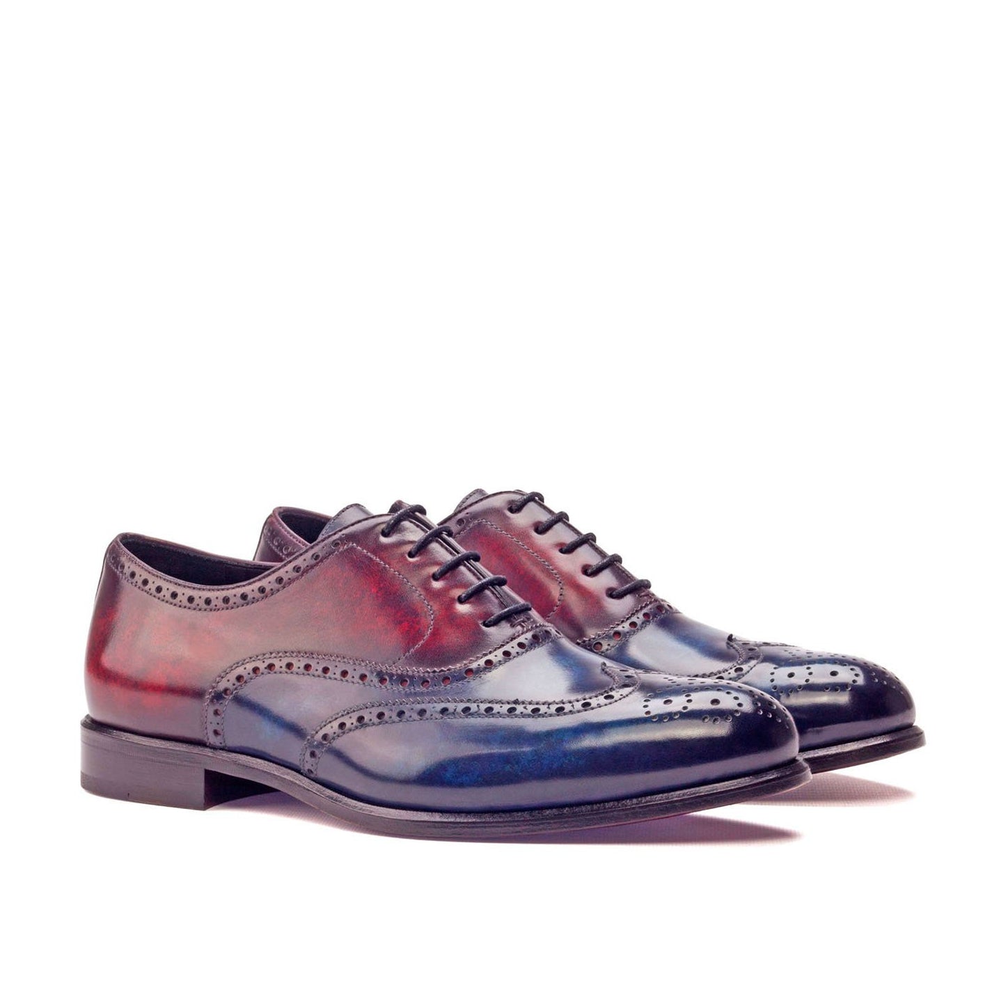 Ambrogio Bespoke Men's Handmade Custom Shoes Denim Blue & Burgundy Patina Leather Oxfords (AMB1412)