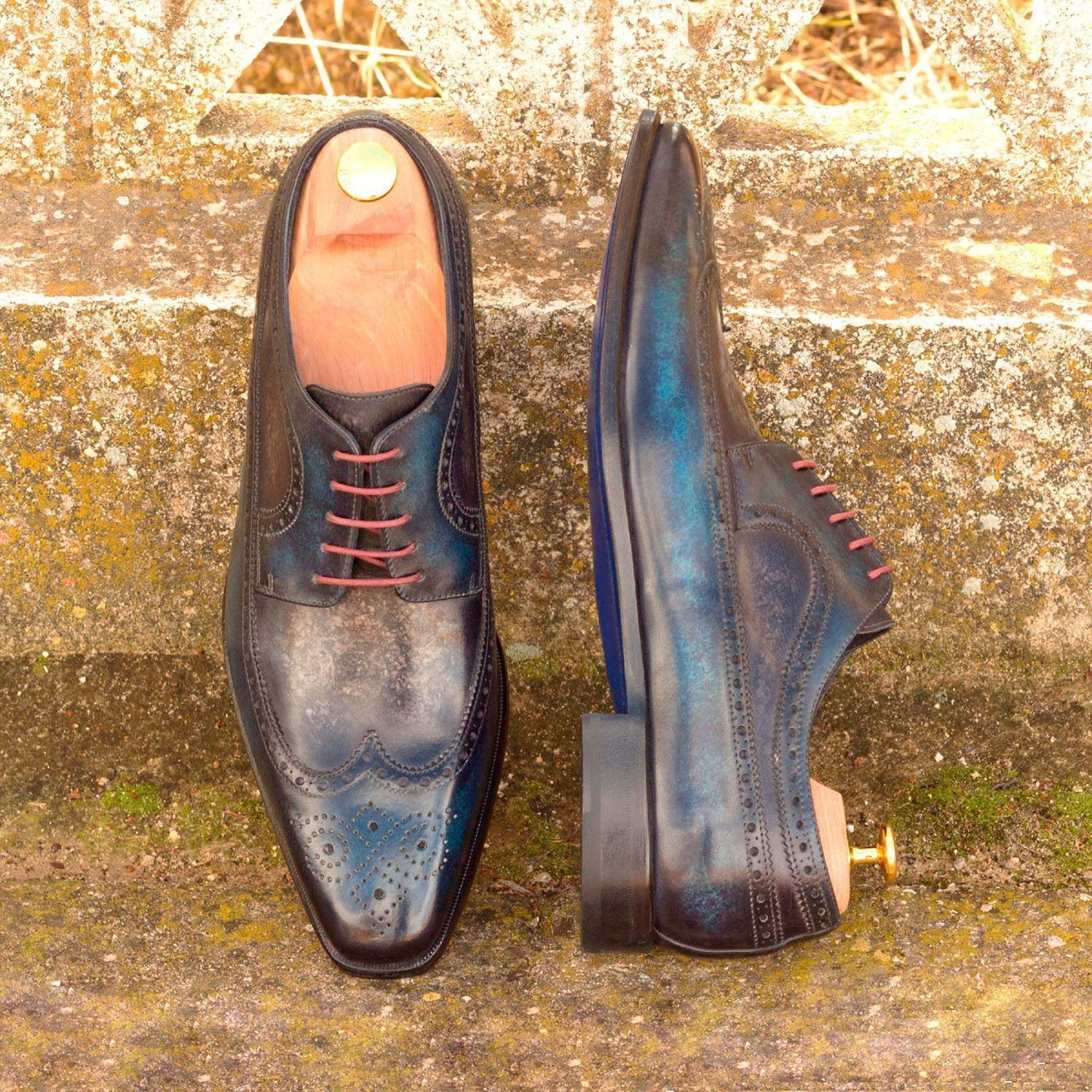 Ambrogio Bespoke Men's Handmade Custom Shoes Denim Blue & Gray Patina Leather Longwing Blucher Oxfords (AMB1391)