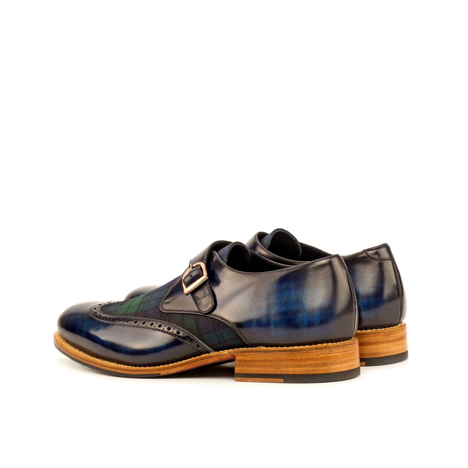 Ambrogio Bespoke Men's Handmade Custom Shoes Denim Blue & Green Fabric / Patina Leather Monk-Straps Loafers (AMB1429)