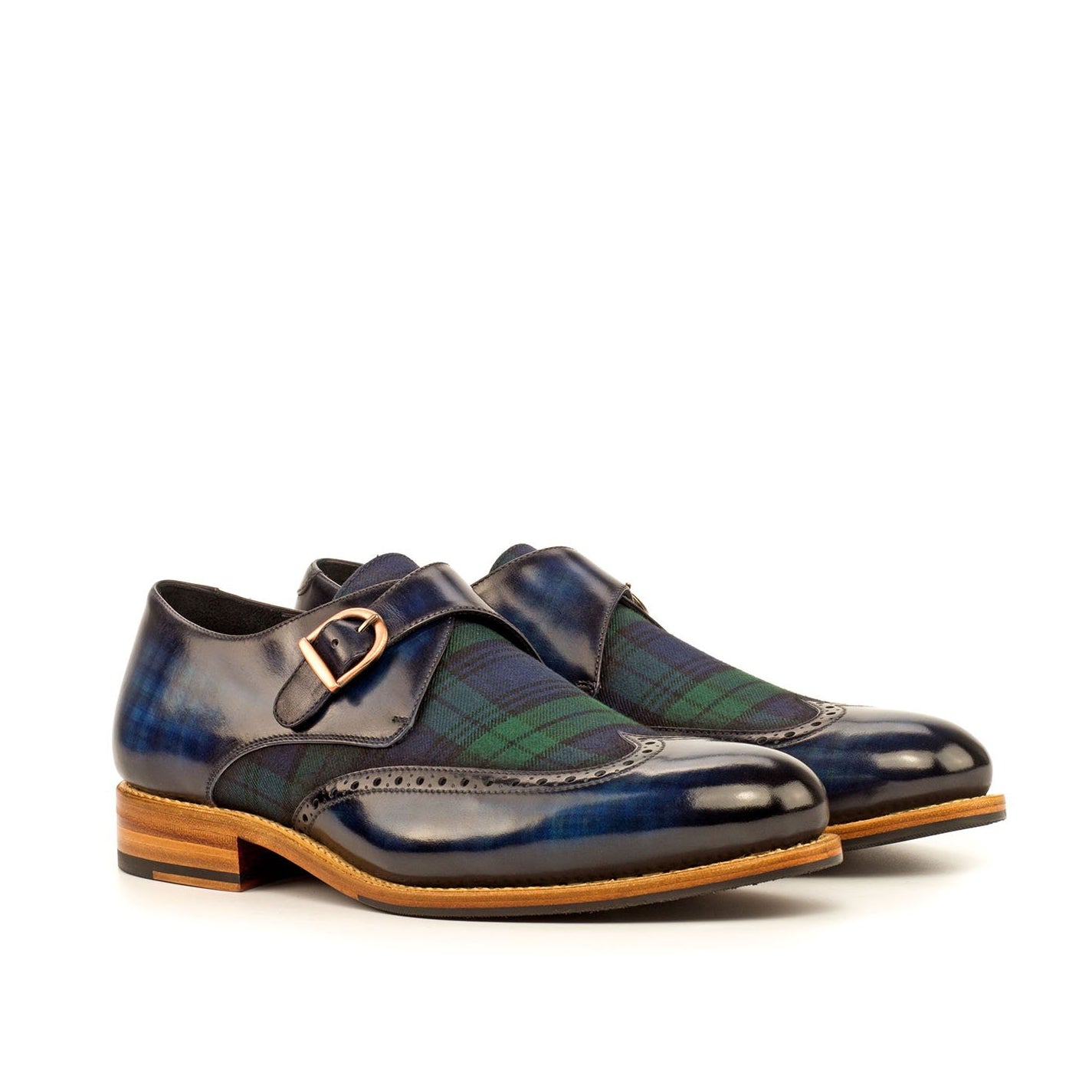 Ambrogio Bespoke Men's Handmade Custom Shoes Denim Blue & Green Fabric / Patina Leather Monk-Straps Loafers (AMB1429)