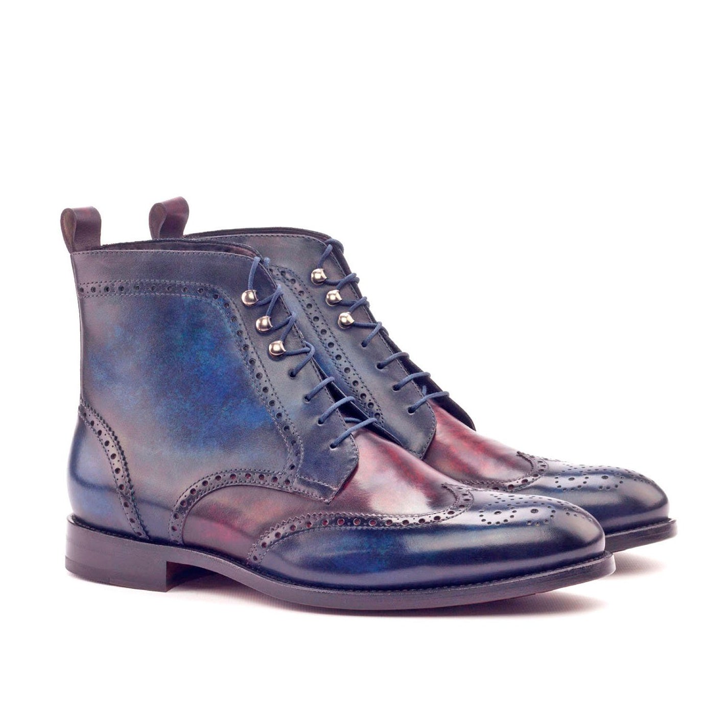 Ambrogio Bespoke Men's Handmade Custom Shoes Denim & Burgundy Patina Leather Military Brogue Boots (AMB1528)