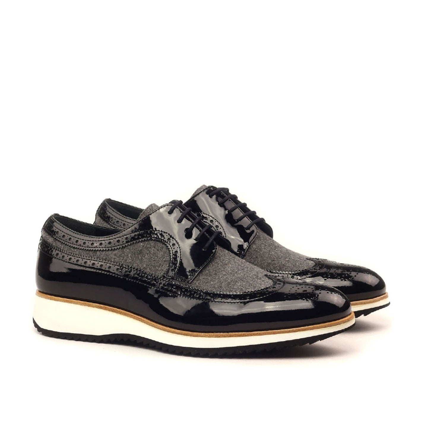 Ambrogio Bespoke Men's Handmade Custom Shoes Gray & Black Fabric / Patent Leather Longwing Oxfords (AMB1537)