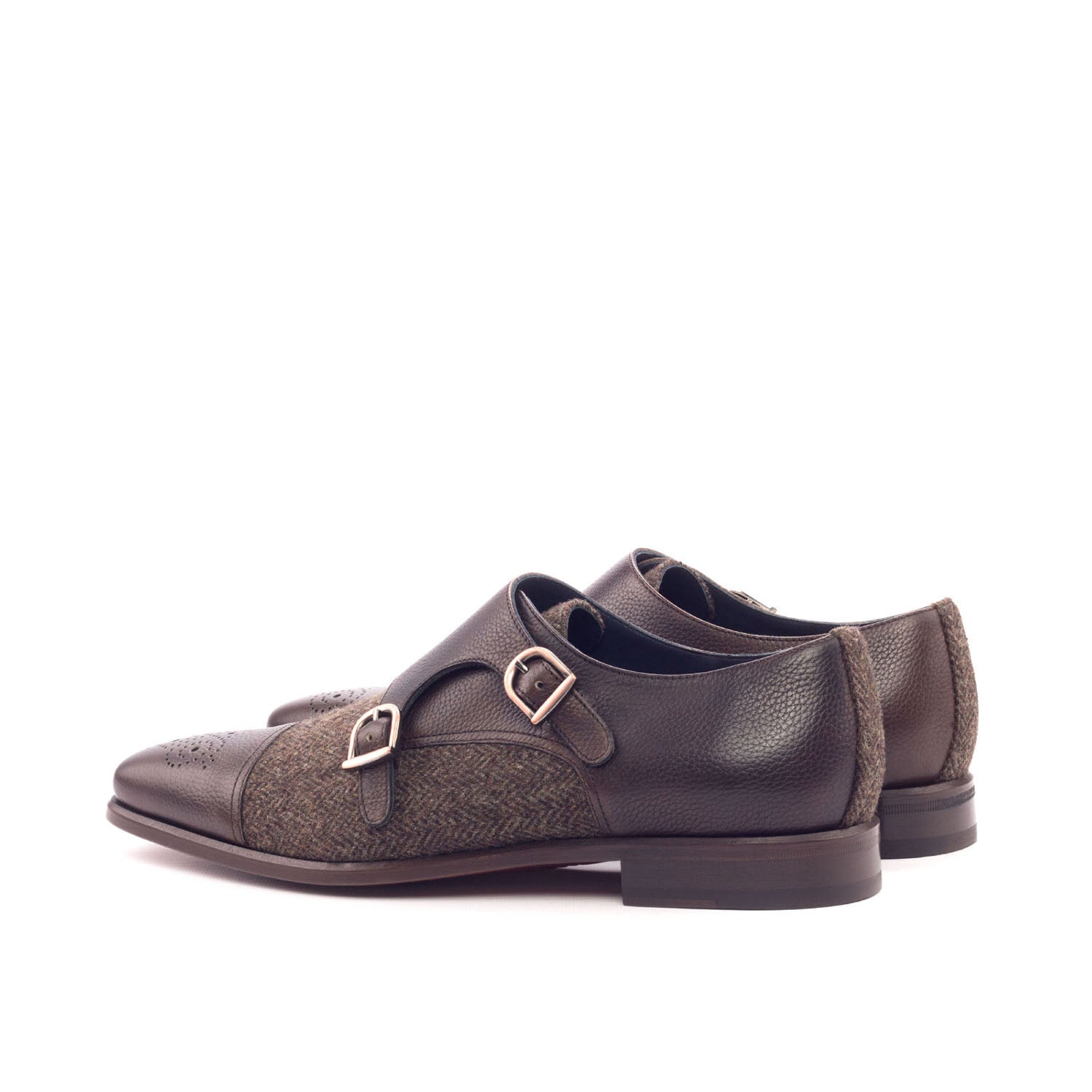 Ambrogio Bespoke Men's Handmade Custom Shoes Gray & Brown Fabric / Calf-Skin Leather Monk-Straps Loafers (AMB1348)