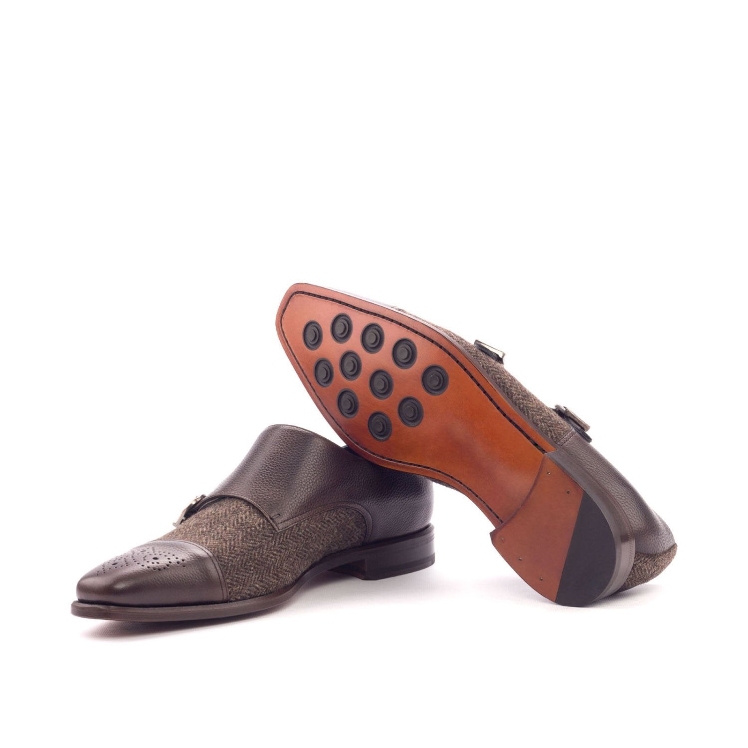 Ambrogio Bespoke Men's Handmade Custom Shoes Gray & Brown Fabric / Calf-Skin Leather Monk-Straps Loafers (AMB1348)