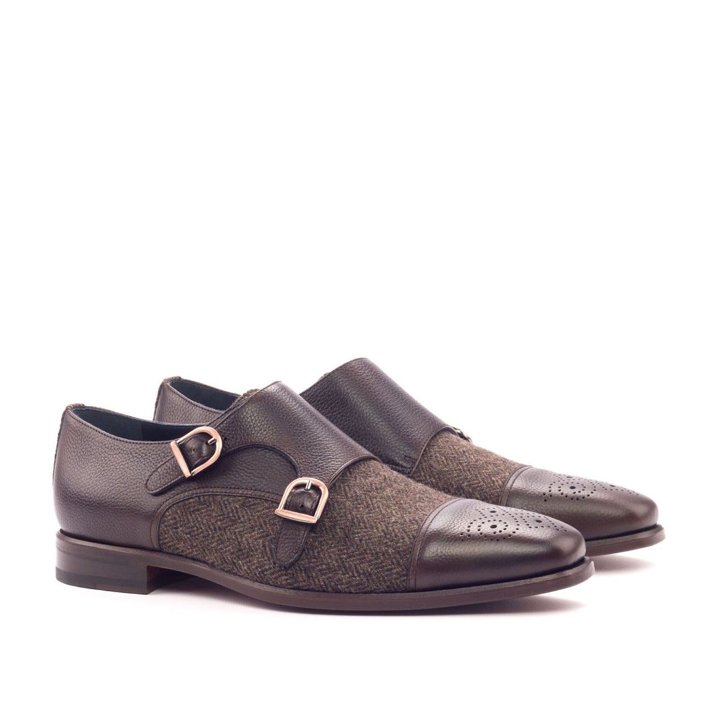 Ambrogio Bespoke Men's Handmade Custom Shoes Gray & Brown Fabric / Calf-Skin Leather Monk-Straps Loafers (AMB1348)