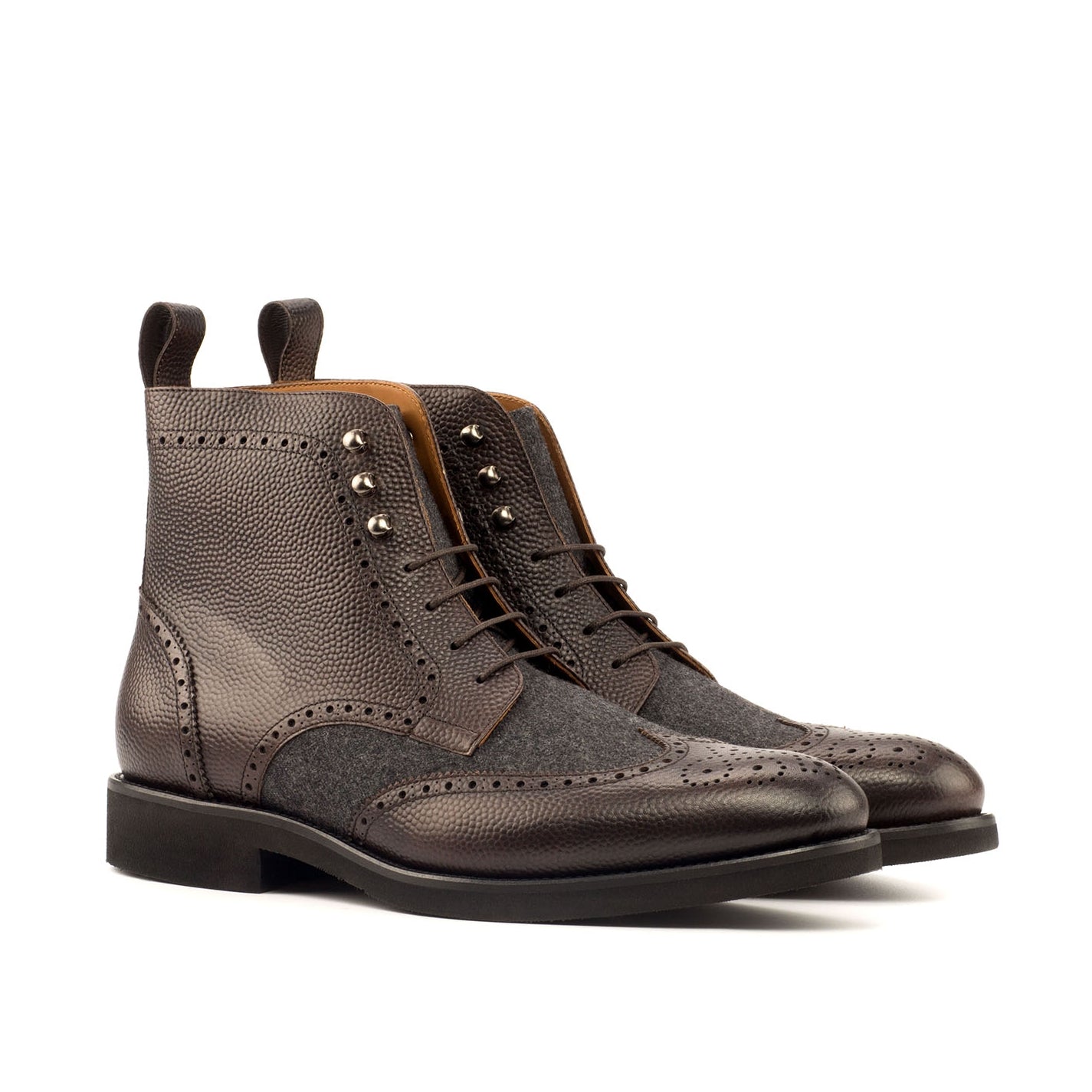 Ambrogio Bespoke Men's Handmade Custom Shoes Gray & Dark Brown Fabric/ Pebble Grain Leather Military Brogue Boots (AMB1530)