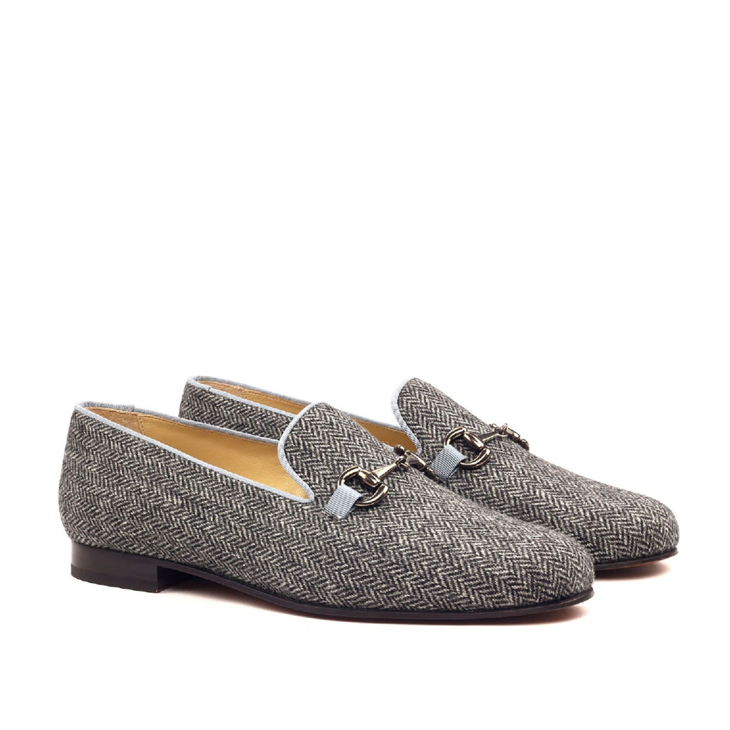 Ambrogio Bespoke Men's Handmade Custom Shoes Gray Fabric Wellington Horse-bit Loafers (AMB1562)