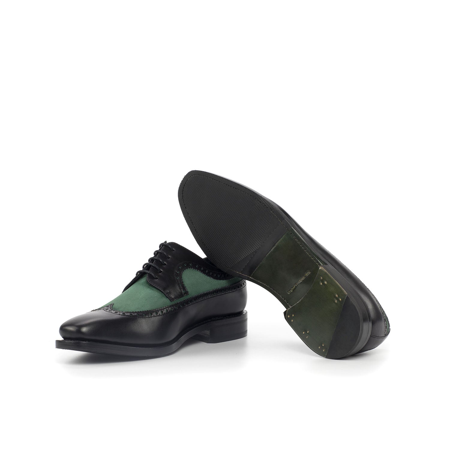 Ambrogio Bespoke Men's Handmade Custom Shoes Green & Black Suede / Calf-Skin Leather Longwing Oxfords (AMB1540)