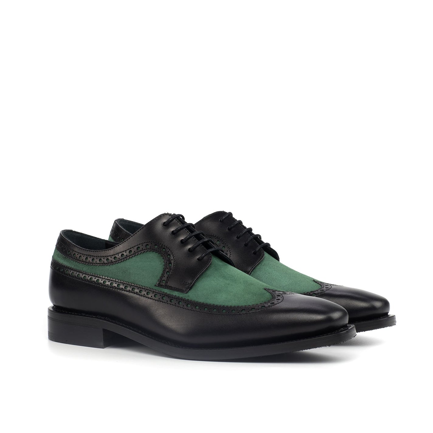 Ambrogio Bespoke Men's Handmade Custom Shoes Green & Black Suede / Calf-Skin Leather Longwing Oxfords (AMB1540)