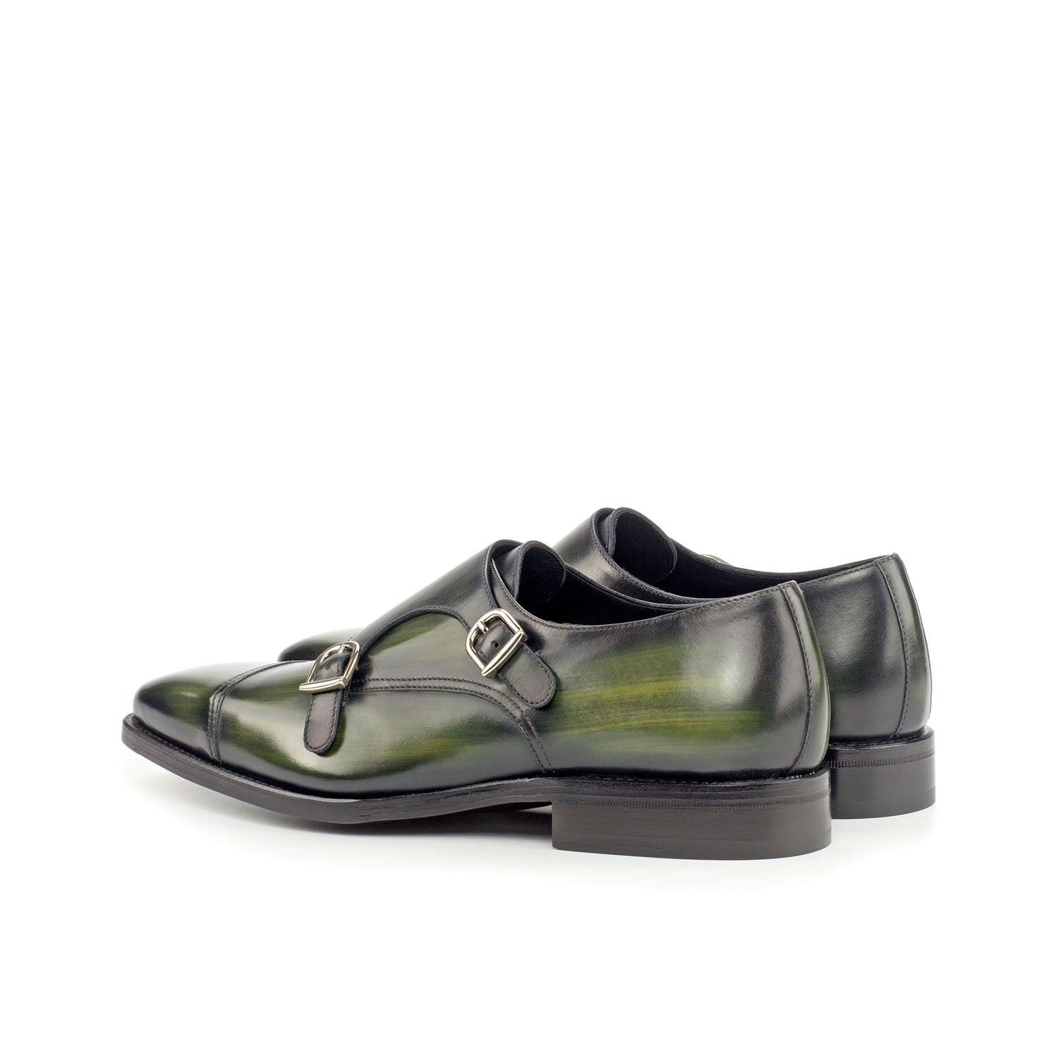 Ambrogio Bespoke Men's Handmade Custom Shoes Khaki Green Patina Leather Monk-Straps Loafers (AMB1827)