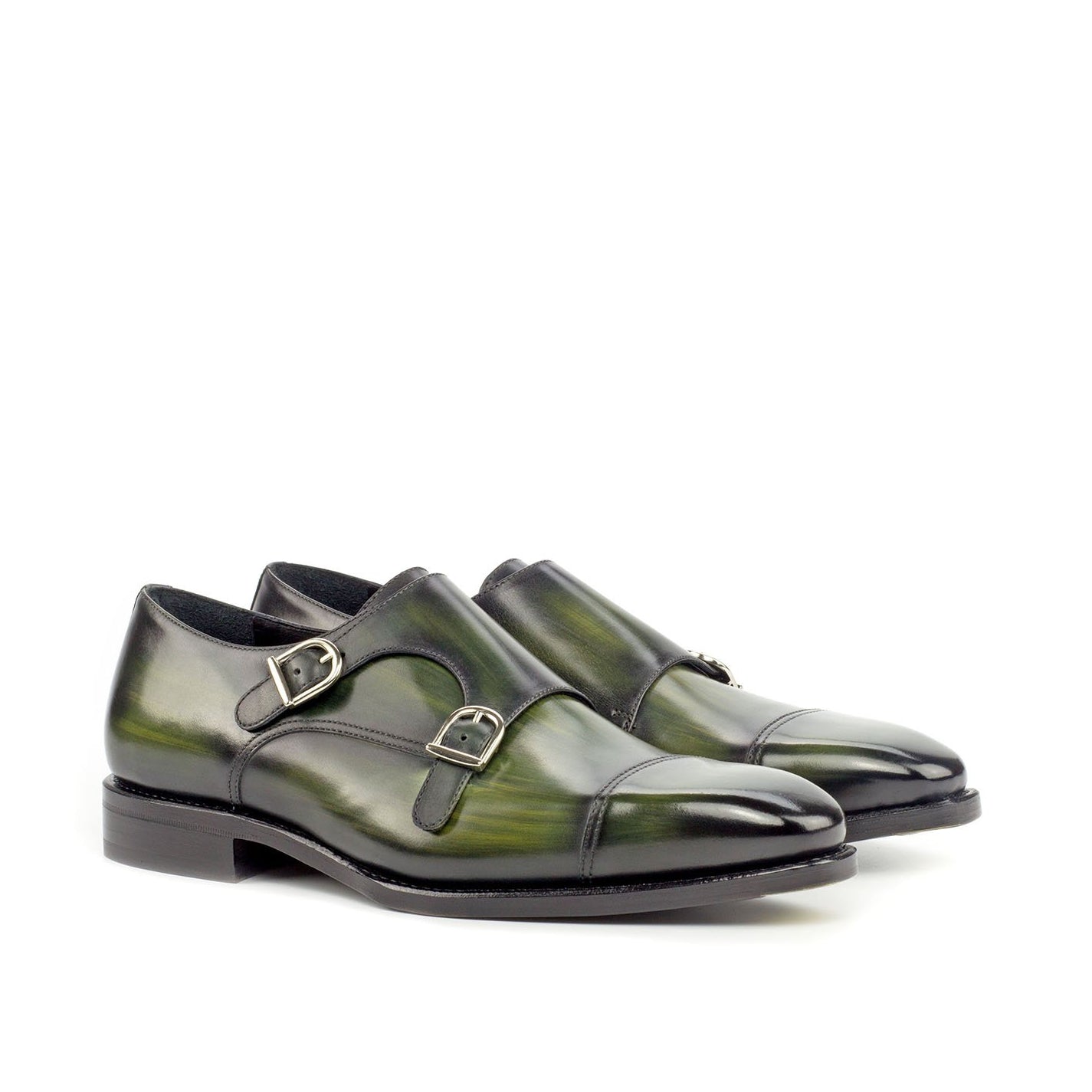 Ambrogio Bespoke Men's Handmade Custom Shoes Khaki Green Patina Leather Monk-Straps Loafers (AMB1827)