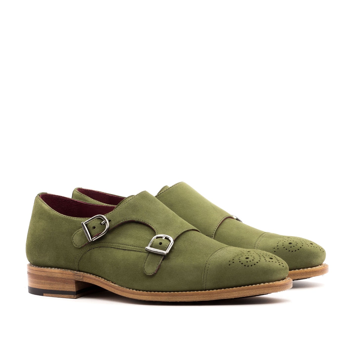 Ambrogio Bespoke Men's Handmade Custom Shoes Khaki Green Suede Leather Monk-Straps Loafers (AMB1384)