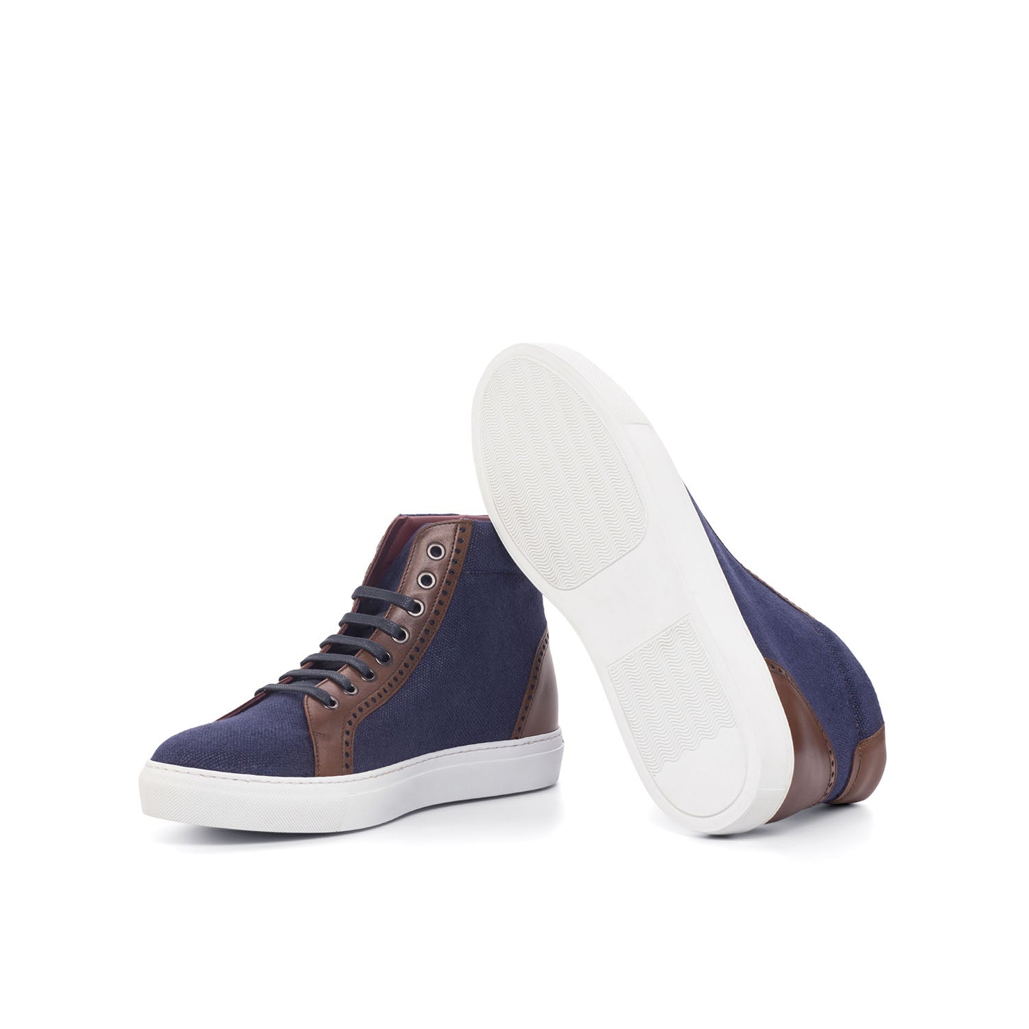 Ambrogio Bespoke Men's Handmade Custom Shoes Navy & Brown Linen Fabric / Calf-Skin Leather High-Top Sneakers (AMB1835)