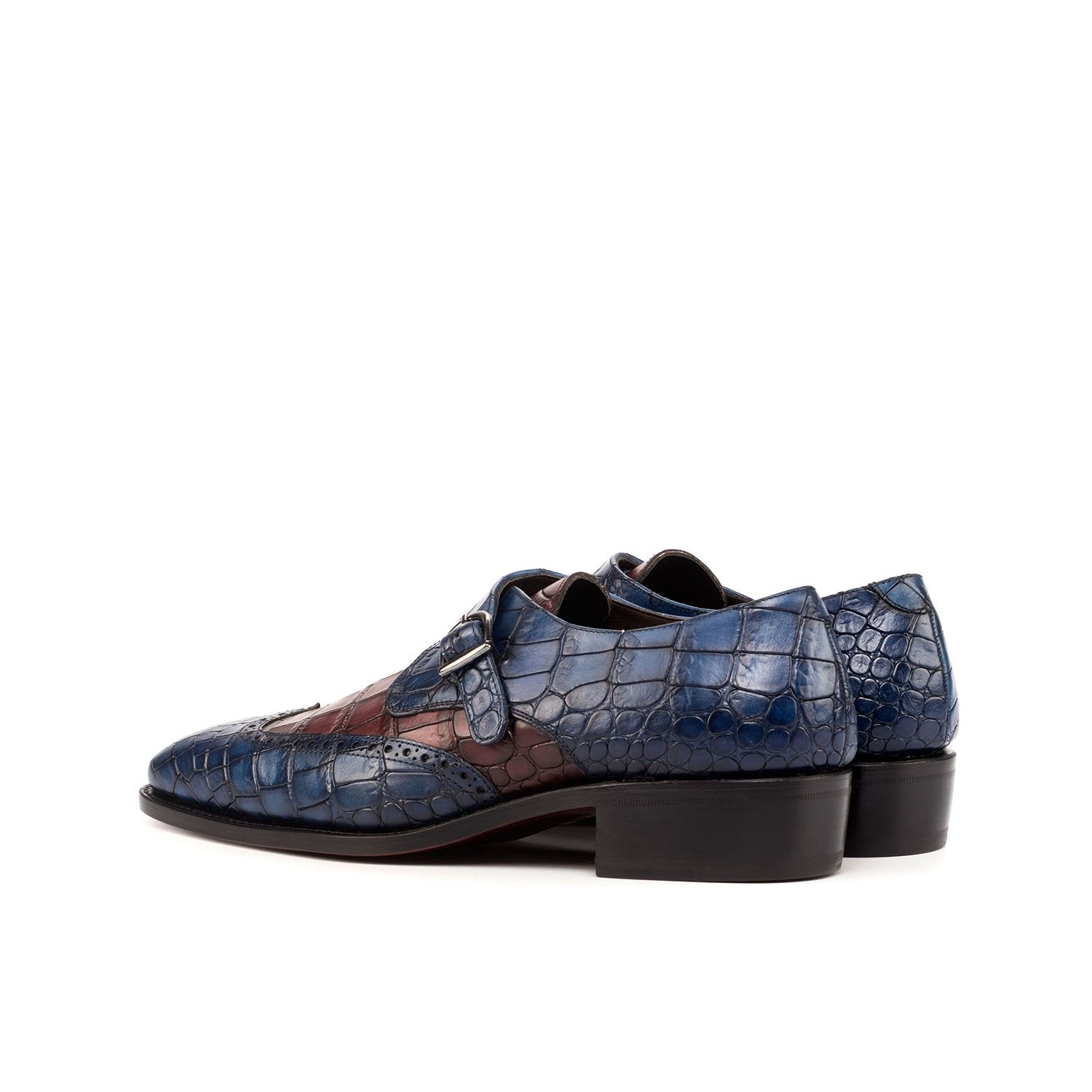 Ambrogio Bespoke Men's Handmade Custom Shoes Navy & Burgundy Crocodile Print / Calf-Skin Leather Monk-Strap Loafers (AMB1808)