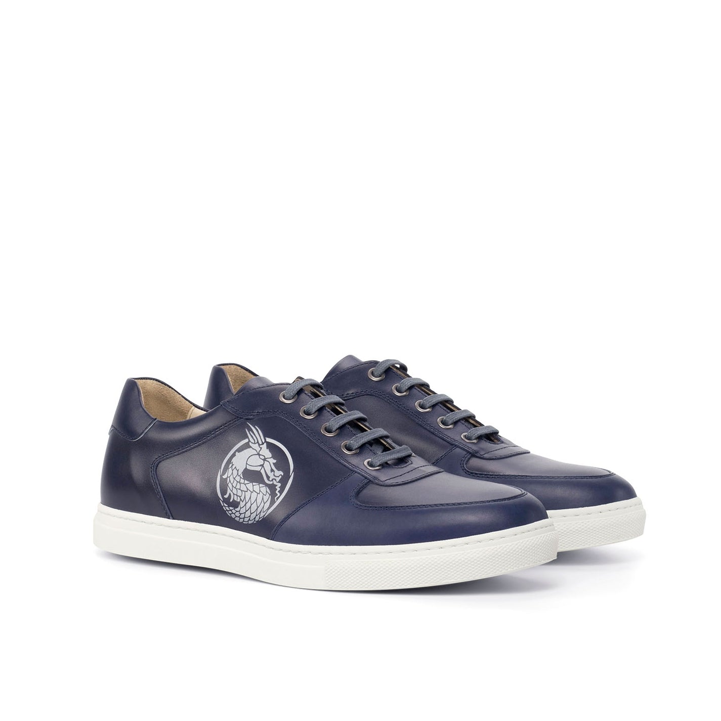 Ambrogio Bespoke Men's Handmade Custom Shoes Navy Calf-Skin Leather Stencil Trainer Sneakers (AMB1705)