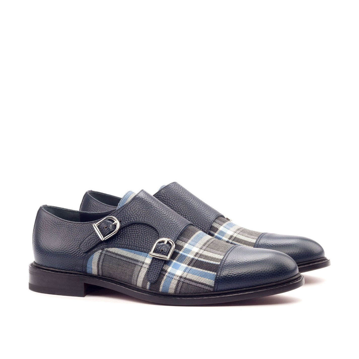 Ambrogio Bespoke Men's Handmade Custom Shoes Navy & Gray Fabric / Pebble Grain / Polished Leather Monk-Straps Loafers (AMB1793)