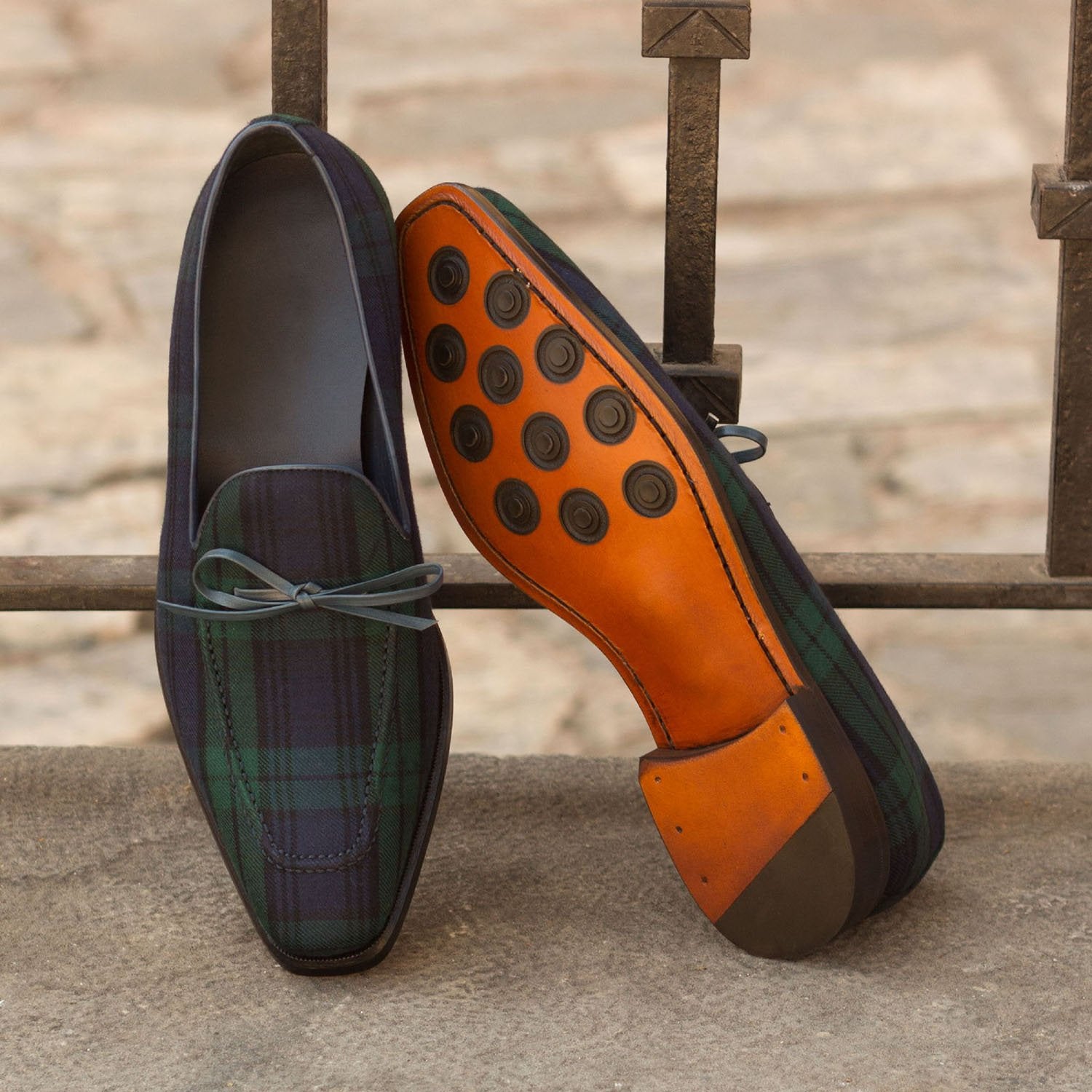 Ambrogio Bespoke Men's Handmade Custom Shoes Navy & Green Blackwatch Sartorial / Calf-Skin Leather Dress Loafers (AMB1358)