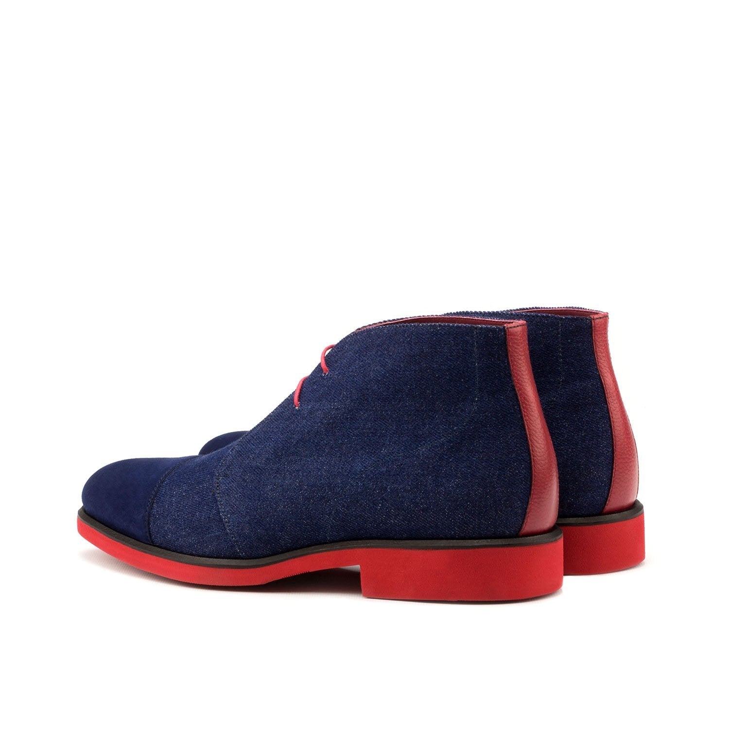 Ambrogio Bespoke Men's Handmade Custom Shoes Navy & Red Jeans Fabric / Full Grain Leather Chukka Boots (AMB1579)