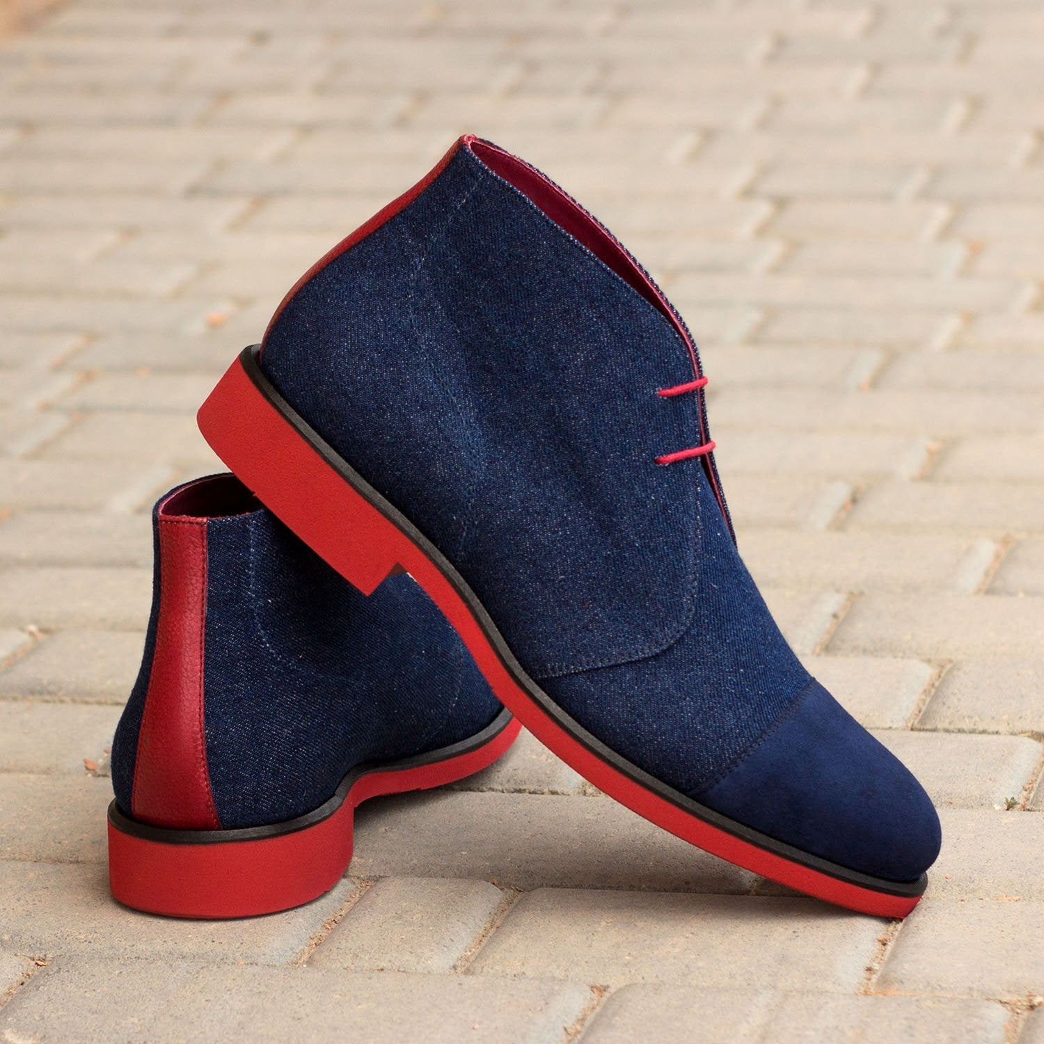 Ambrogio Bespoke Men's Handmade Custom Shoes Navy & Red Jeans Fabric / Full Grain Leather Chukka Boots (AMB1579)