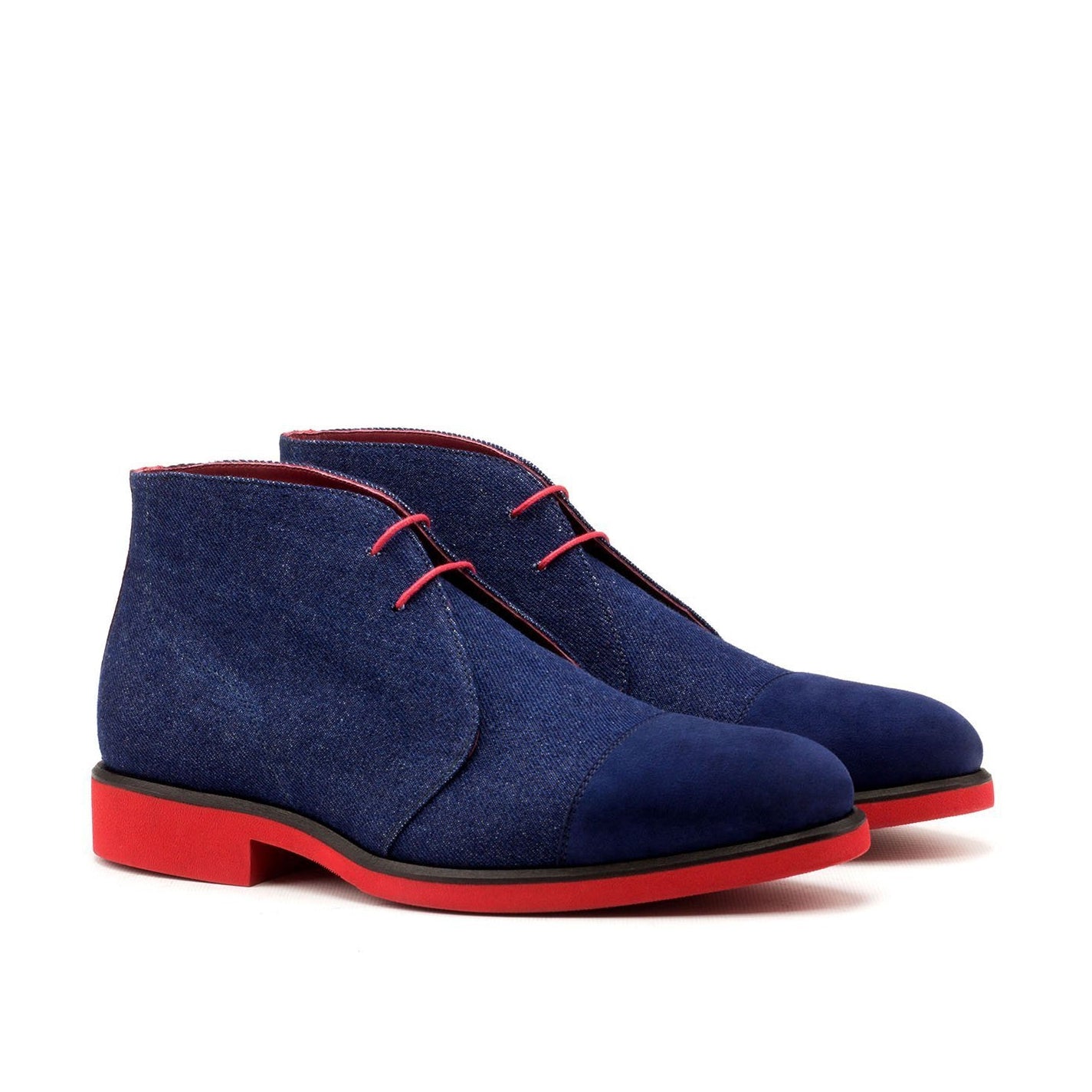 Ambrogio Bespoke Men's Handmade Custom Shoes Navy & Red Jeans Fabric / Full Grain Leather Chukka Boots (AMB1579)