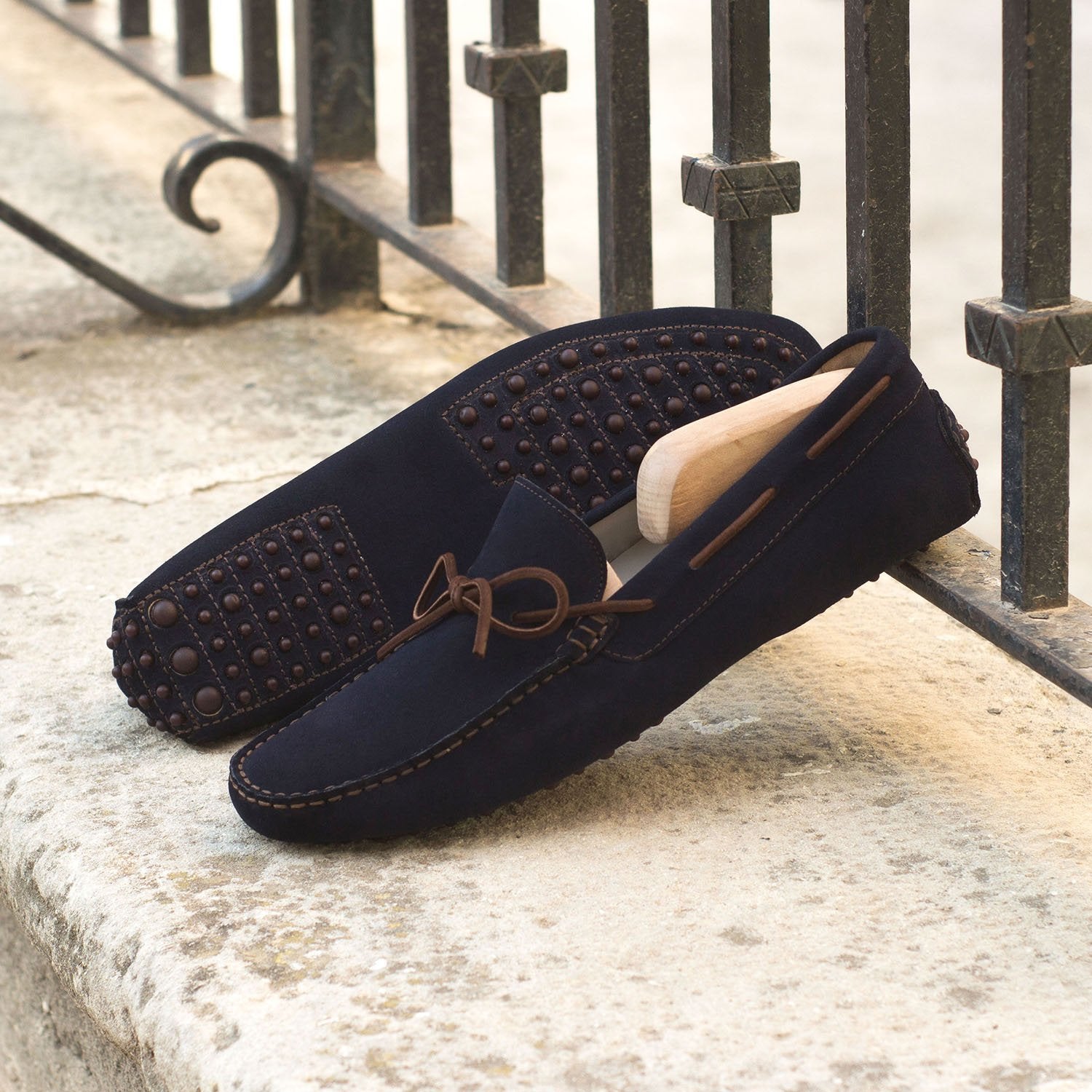 Ambrogio Bespoke Men's Handmade Custom Shoes Navy Suede Leather Slip-On Driver Moccasins Loafers (AMB1664)