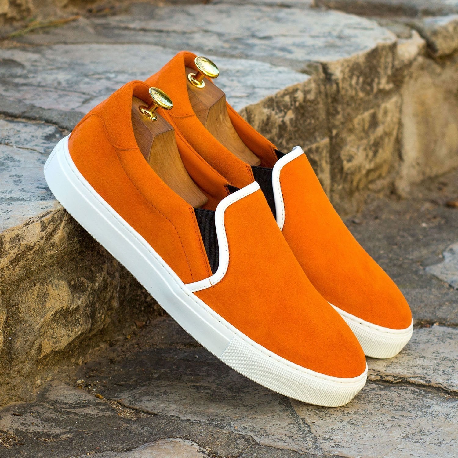 Ambrogio Bespoke Men's Handmade Custom Shoes Orange Suede Leather Slip-On Casual Sneakers (AMB1371)