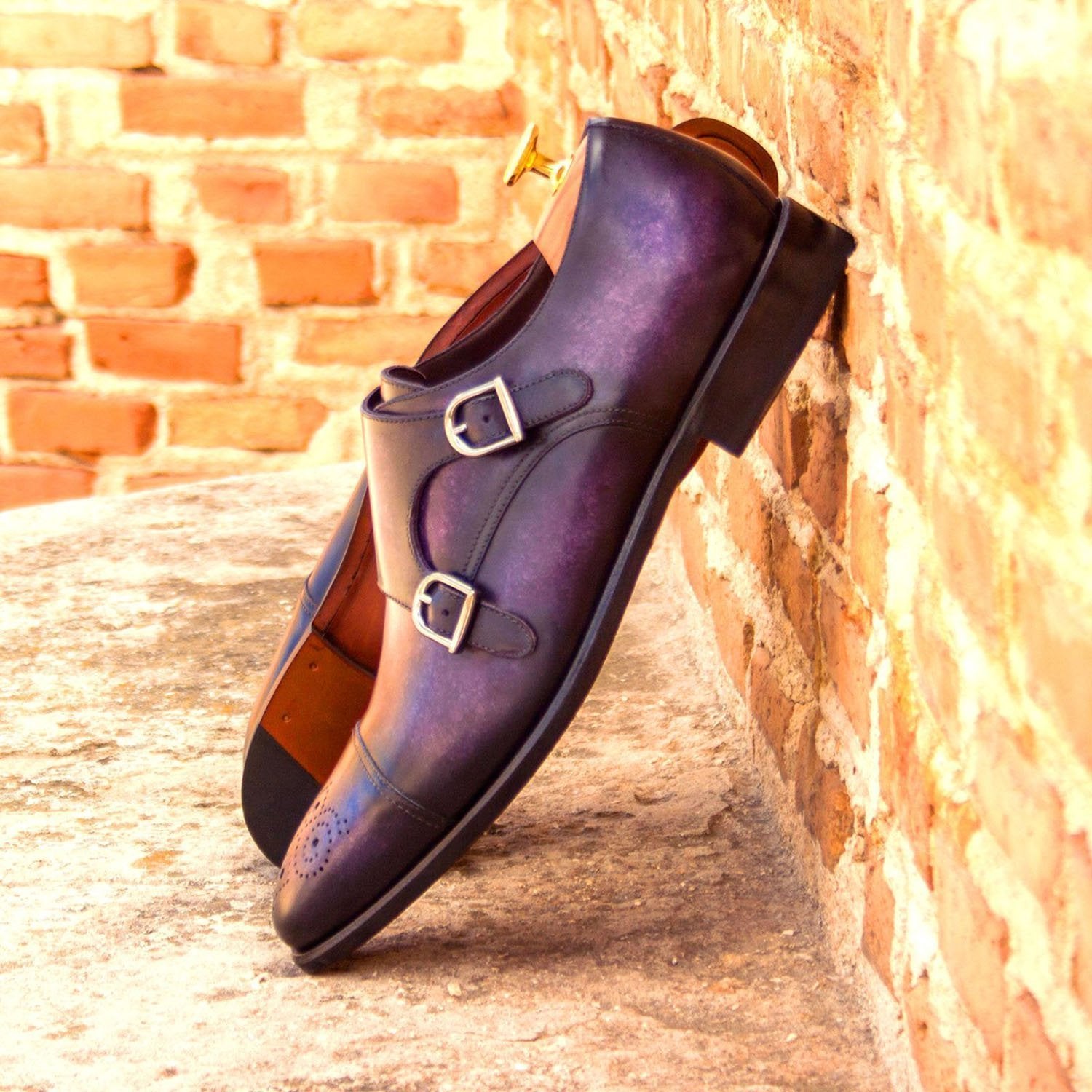 Ambrogio Bespoke Men's Handmade Custom Shoes Purple Patina Leather Monk-Straps Loafers (AMB1407)