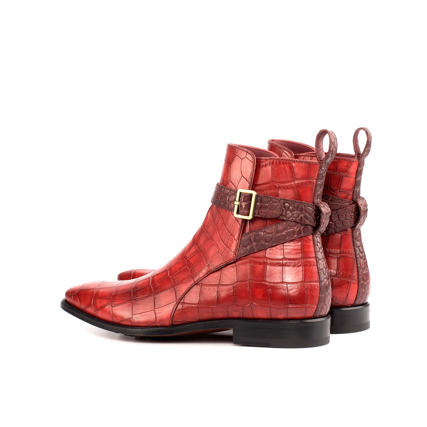 Ambrogio Bespoke Men's Handmade Custom Shoes Red & Burgundy Crocodile Print / Calf-Skin Leather Jodhpur Boots (AMB1706)