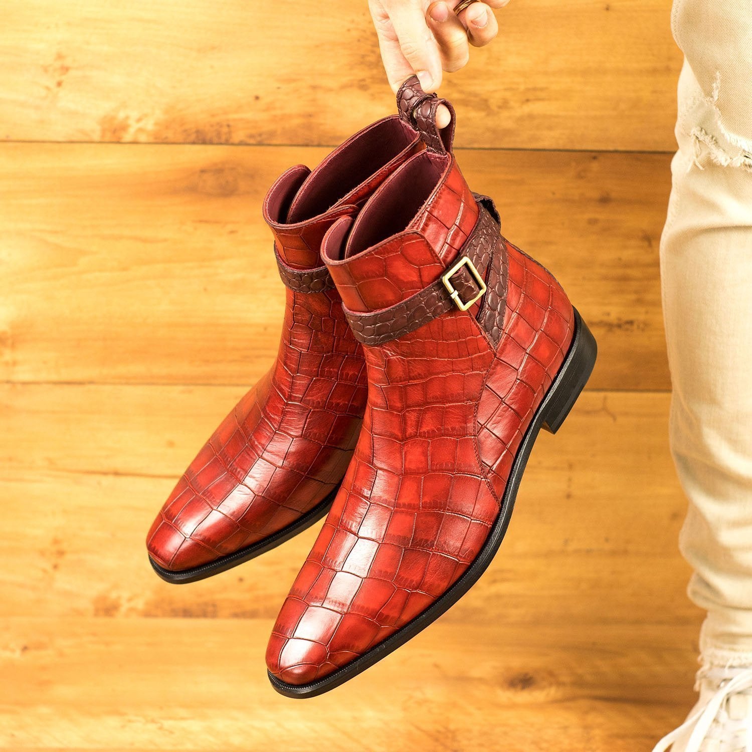 Ambrogio Bespoke Men's Handmade Custom Shoes Red & Burgundy Crocodile Print / Calf-Skin Leather Jodhpur Boots (AMB1706)