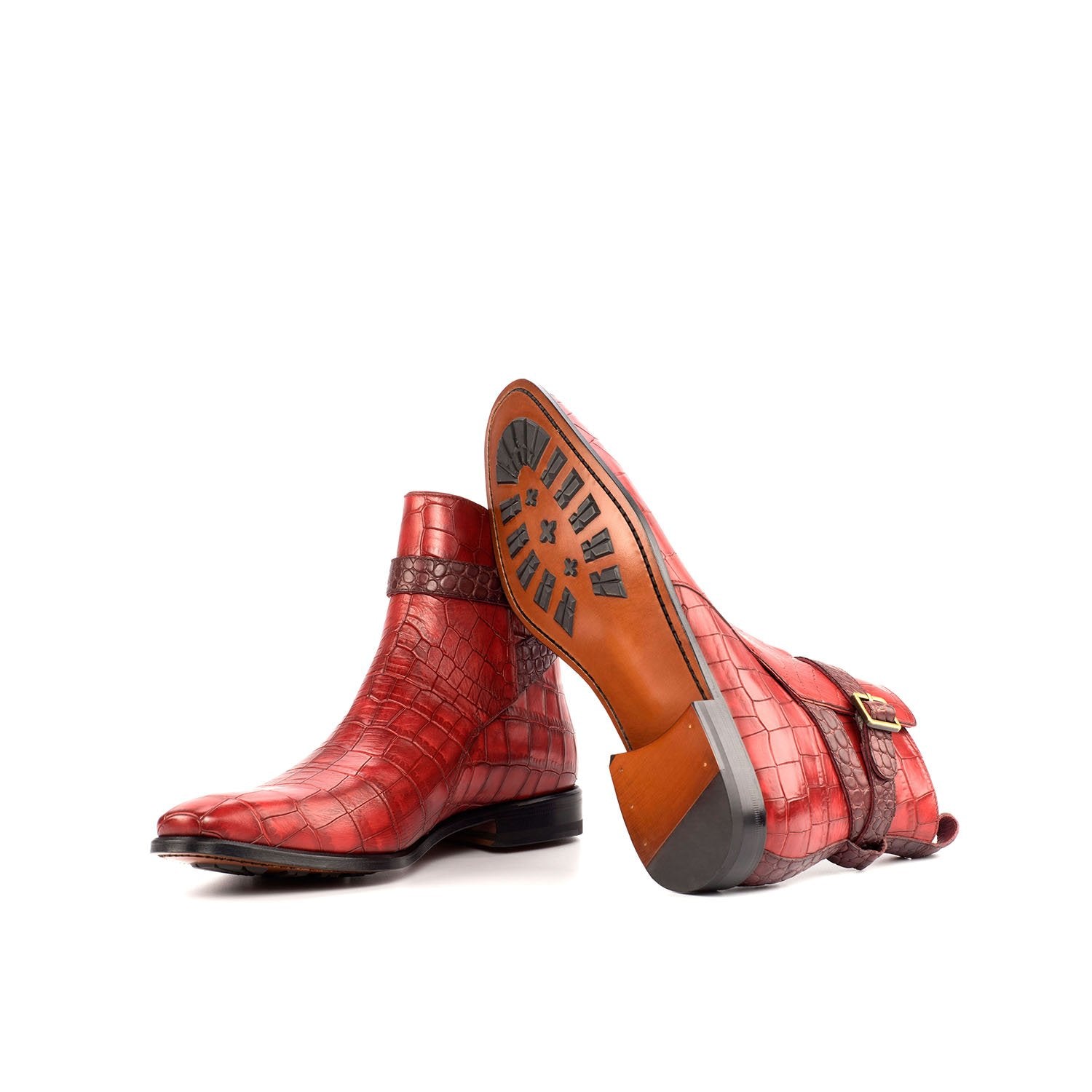 Ambrogio Bespoke Men's Handmade Custom Shoes Red & Burgundy Crocodile Print / Calf-Skin Leather Jodhpur Boots (AMB1706)