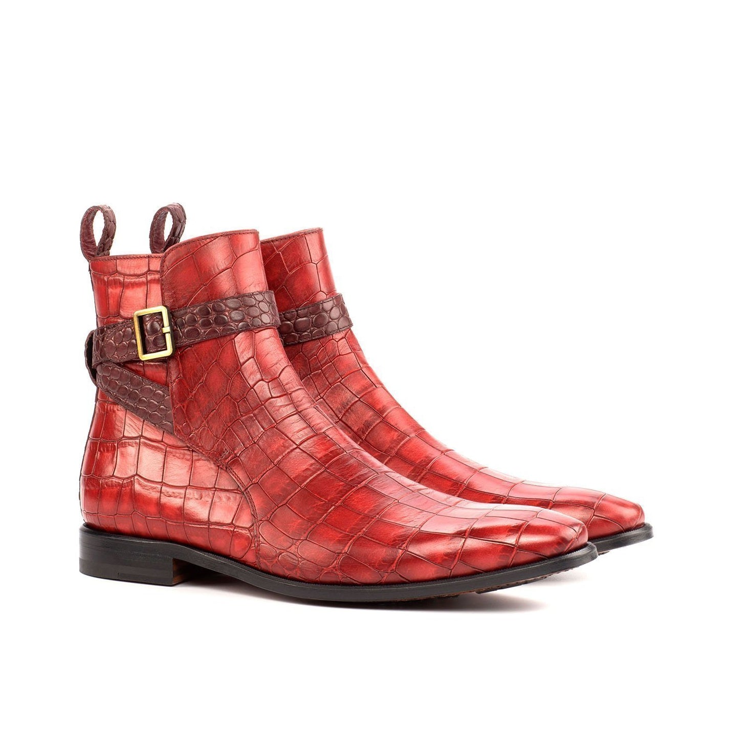 Ambrogio Bespoke Men's Handmade Custom Shoes Red & Burgundy Crocodile Print / Calf-Skin Leather Jodhpur Boots (AMB1706)