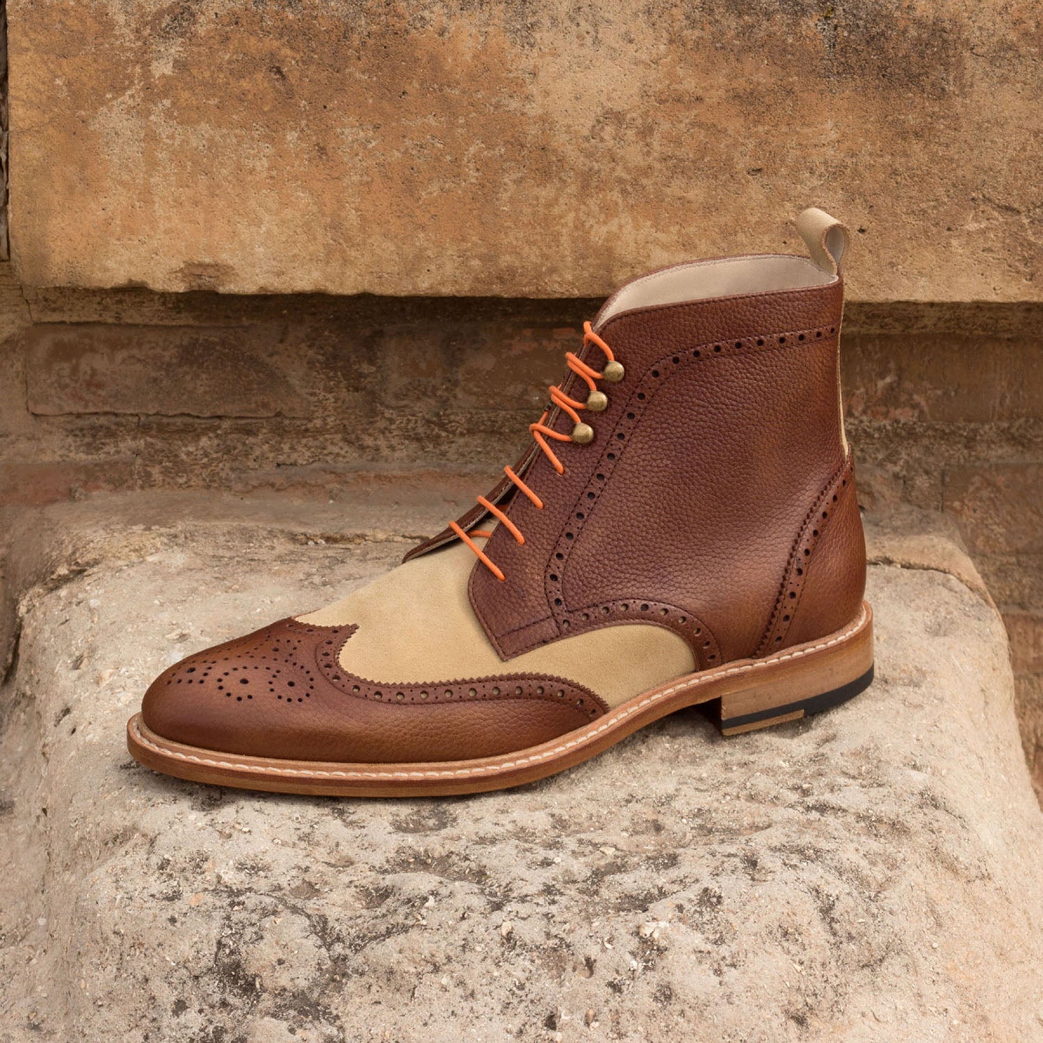 Ambrogio Bespoke Men's Handmade Custom Shoes Sand & Brown Suede / Full Grain Leather Military Brogue Boots (AMB1515)