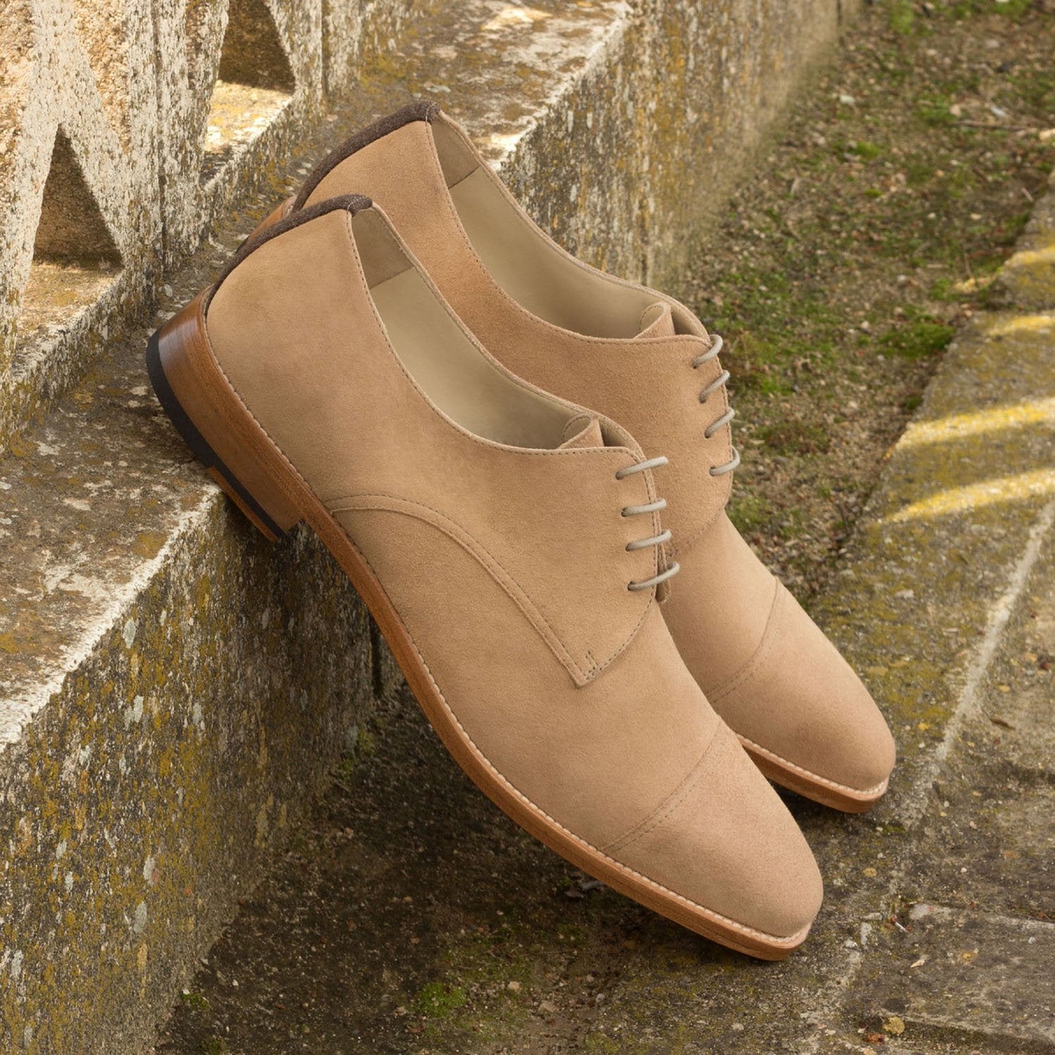 Ambrogio Bespoke Men's Handmade Custom Shoes Taupe & Brown Fabric / Suede Leather Derby Oxfords (AMB1355)