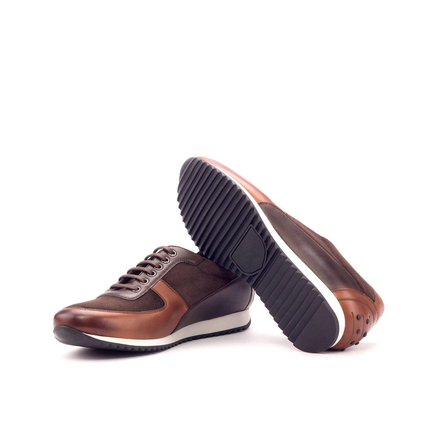 Ambrogio Bespoke Men's Handmade Custom Shoes Three-Tone Brown Suede / Calf-Skin Leather Corsini Casual Sneakers (AMB1592)