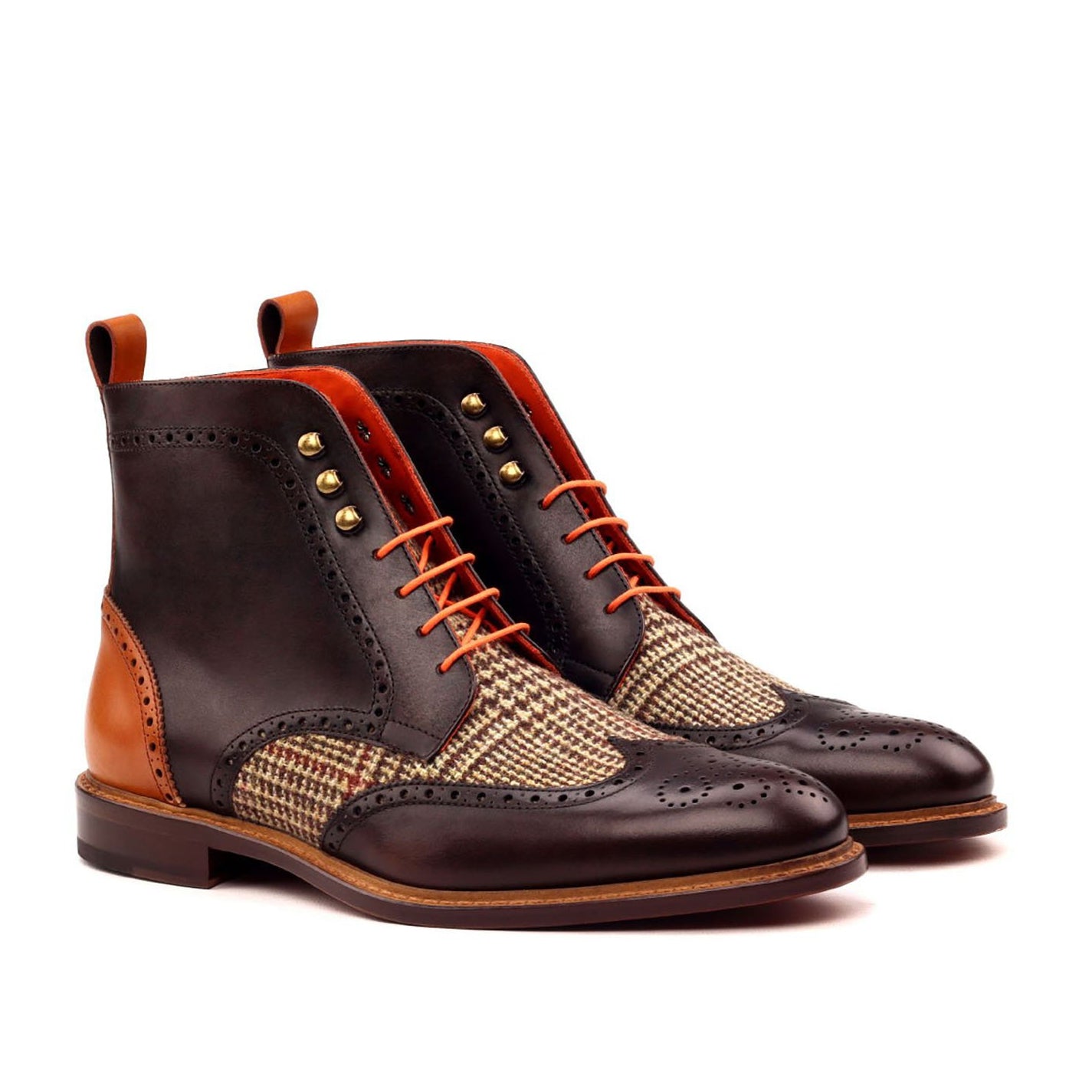 Ambrogio Bespoke Men's Handmade Custom Shoes Three-Tone Fabric / Calf-Skin Leather Military Brogue Boots (AMB1490)