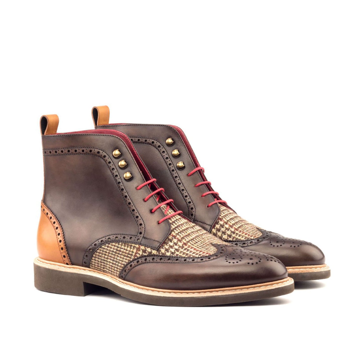 Ambrogio Bespoke Men's Handmade Custom Shoes Three-Tone Fabric / Calf-Skin Leather Military Brogue Boots (AMB1518)