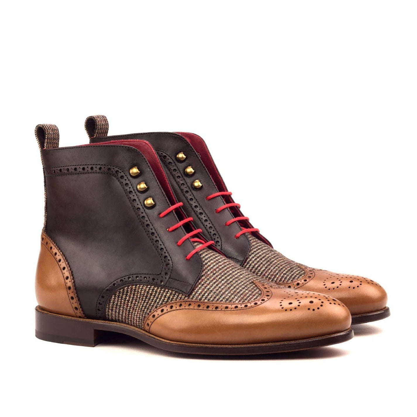 Ambrogio Bespoke Men's Handmade Custom Shoes Three-Tone Fabric / Calf-Skin Leather Military Brogue Boots (AMB1533)