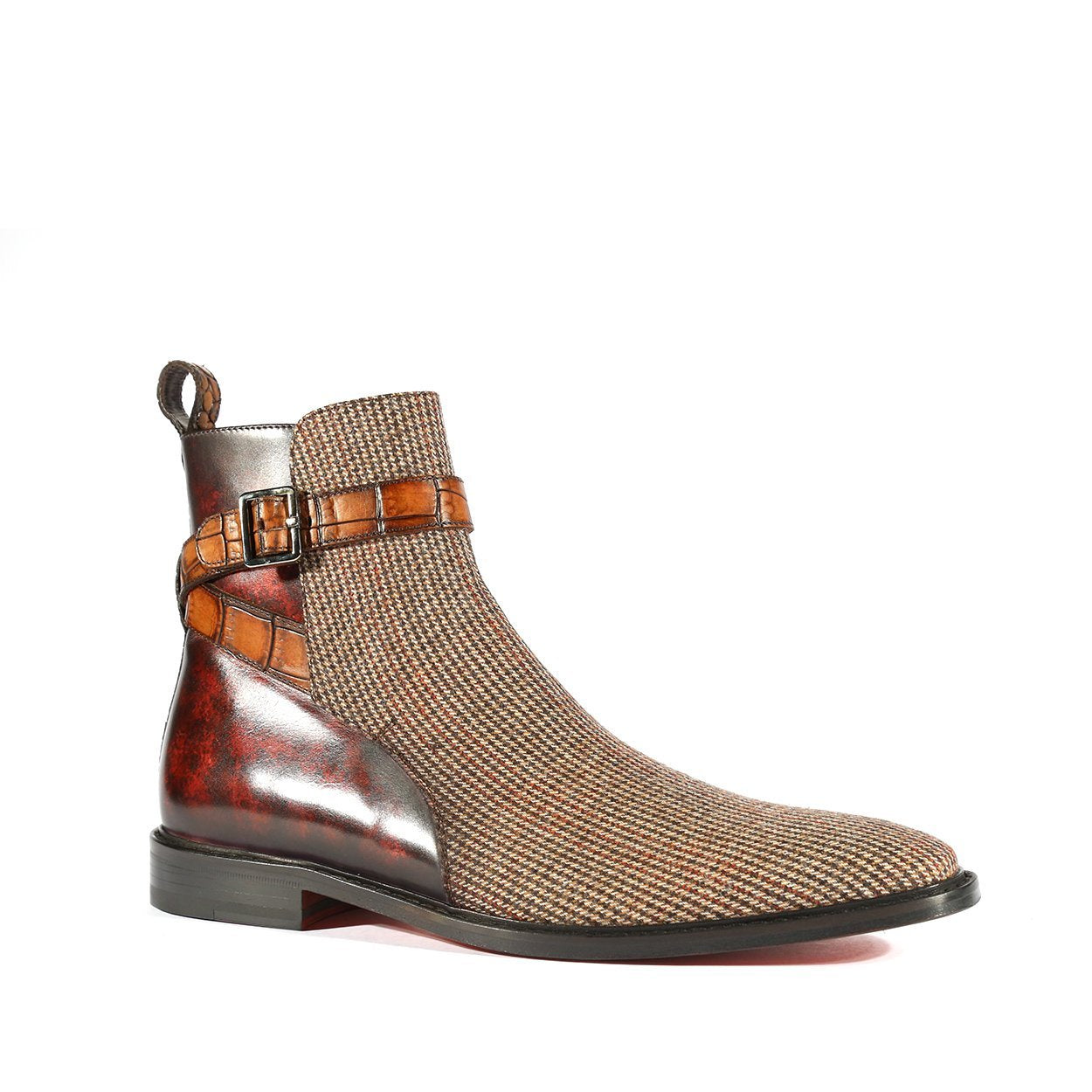 Ambrogio Bespoke Men's Handmade Custom Shoes Three Tone Fabric / Crocodile Print / Patina Leather Jodhpur Boots (AMBS1464)