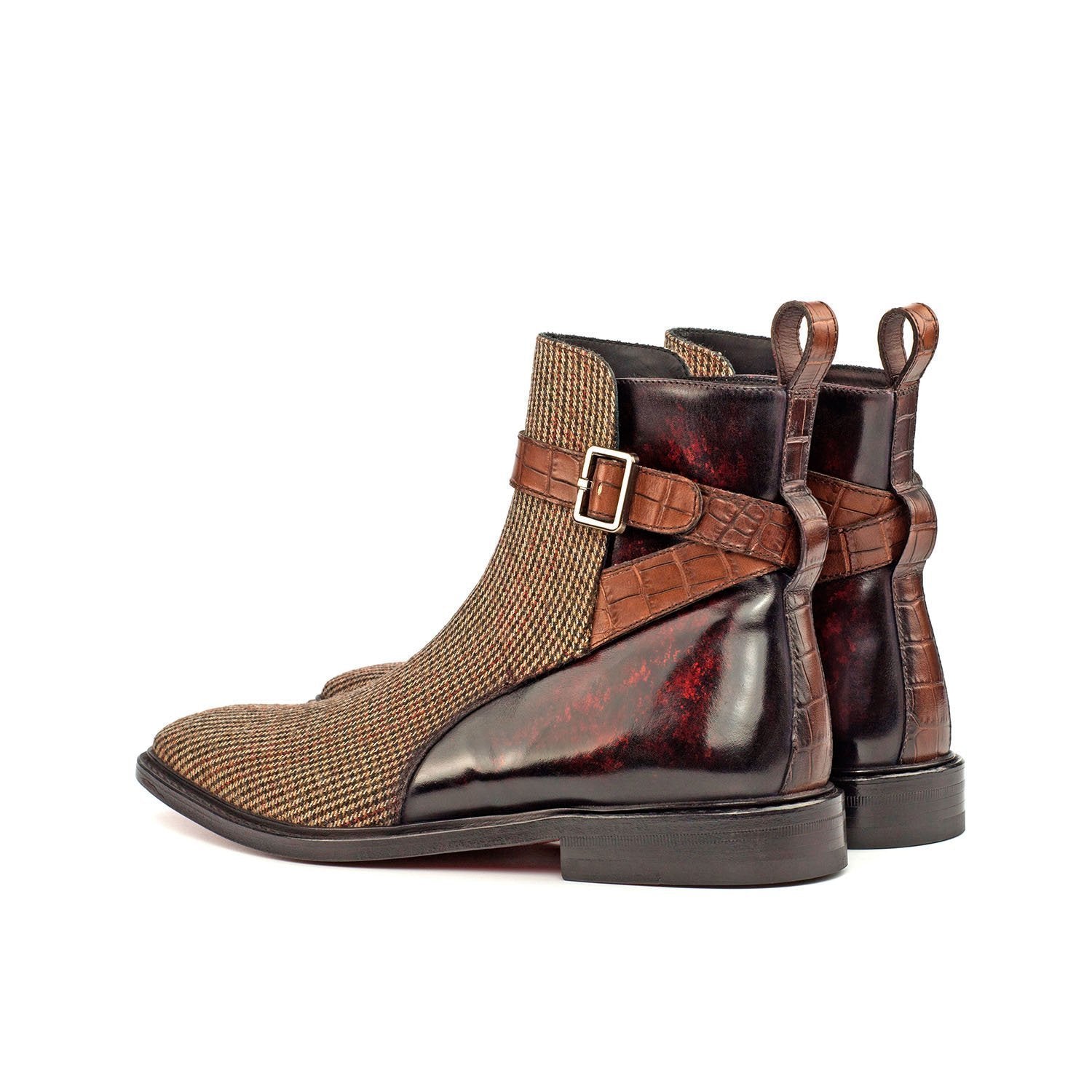 Ambrogio Bespoke Men's Handmade Custom Shoes Three Tone Fabric / Crocodile Print / Patina Leather Jodhpur Boots (AMBS1464)