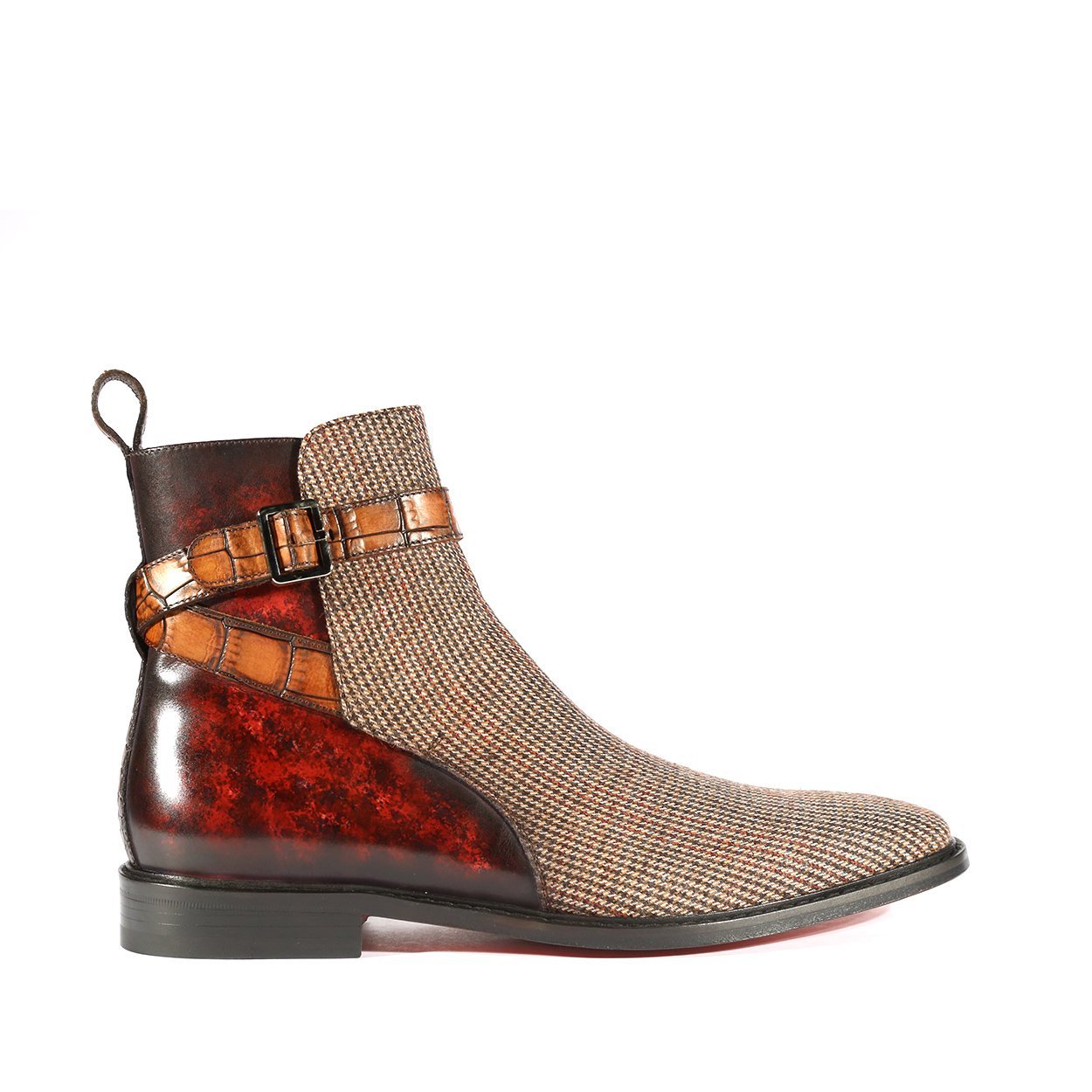 Ambrogio Bespoke Men's Handmade Custom Shoes Three Tone Fabric / Crocodile Print / Patina Leather Jodhpur Boots (AMBS1464)