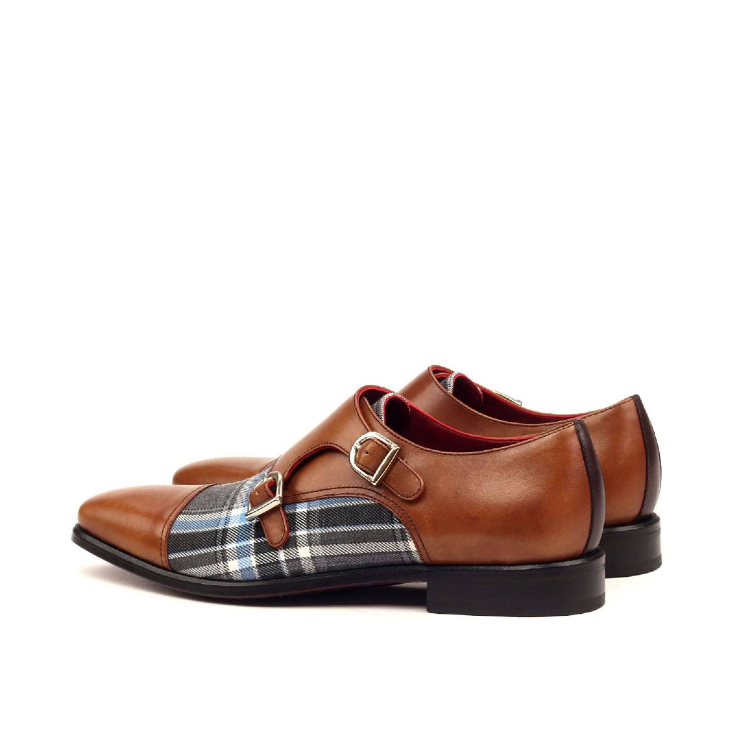 Ambrogio Bespoke Men's Handmade Custom Shoes Three Tone Plaid Sartorial/ Calf-Skin Leather Monk-Straps Loafers (AMB1346)