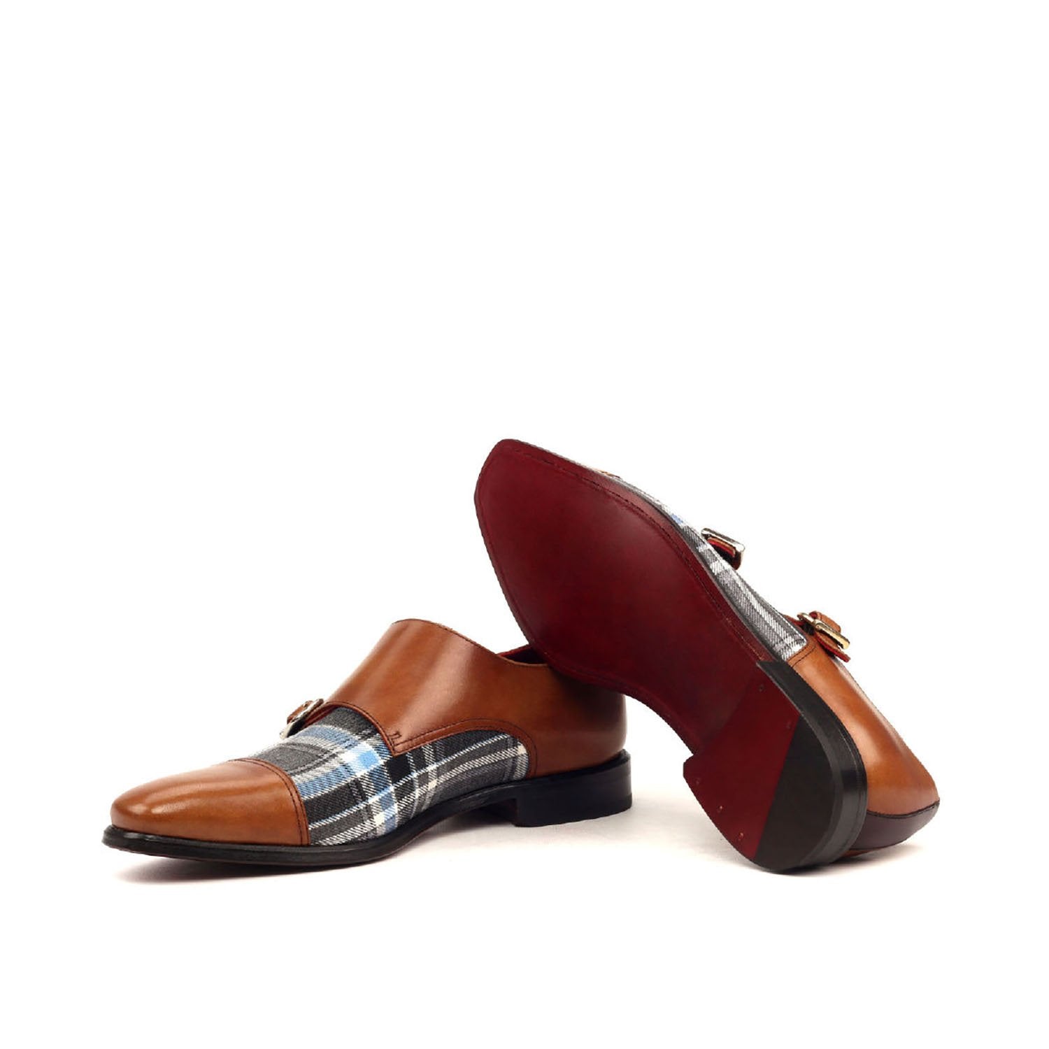 Ambrogio Bespoke Men's Handmade Custom Shoes Three Tone Plaid Sartorial/ Calf-Skin Leather Monk-Straps Loafers (AMB1346)