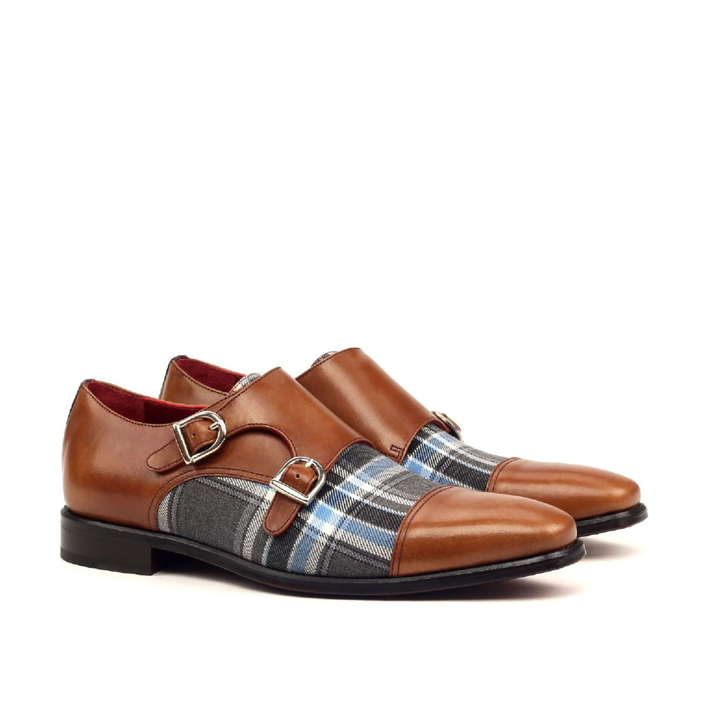 Ambrogio Bespoke Men's Handmade Custom Shoes Three Tone Plaid Sartorial/ Calf-Skin Leather Monk-Straps Loafers (AMB1346)