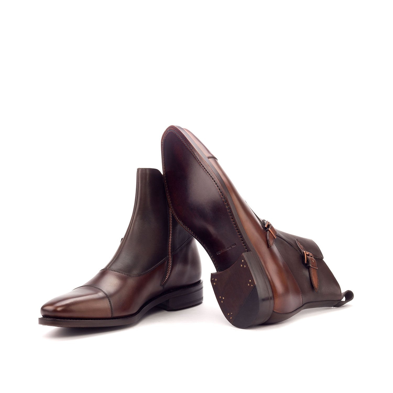 Ambrogio Bespoke Men's Handmade Custom Shoes Two Tone Brown Calf-Skin Leather Atticus Double Buckle Boots (AMB1426)